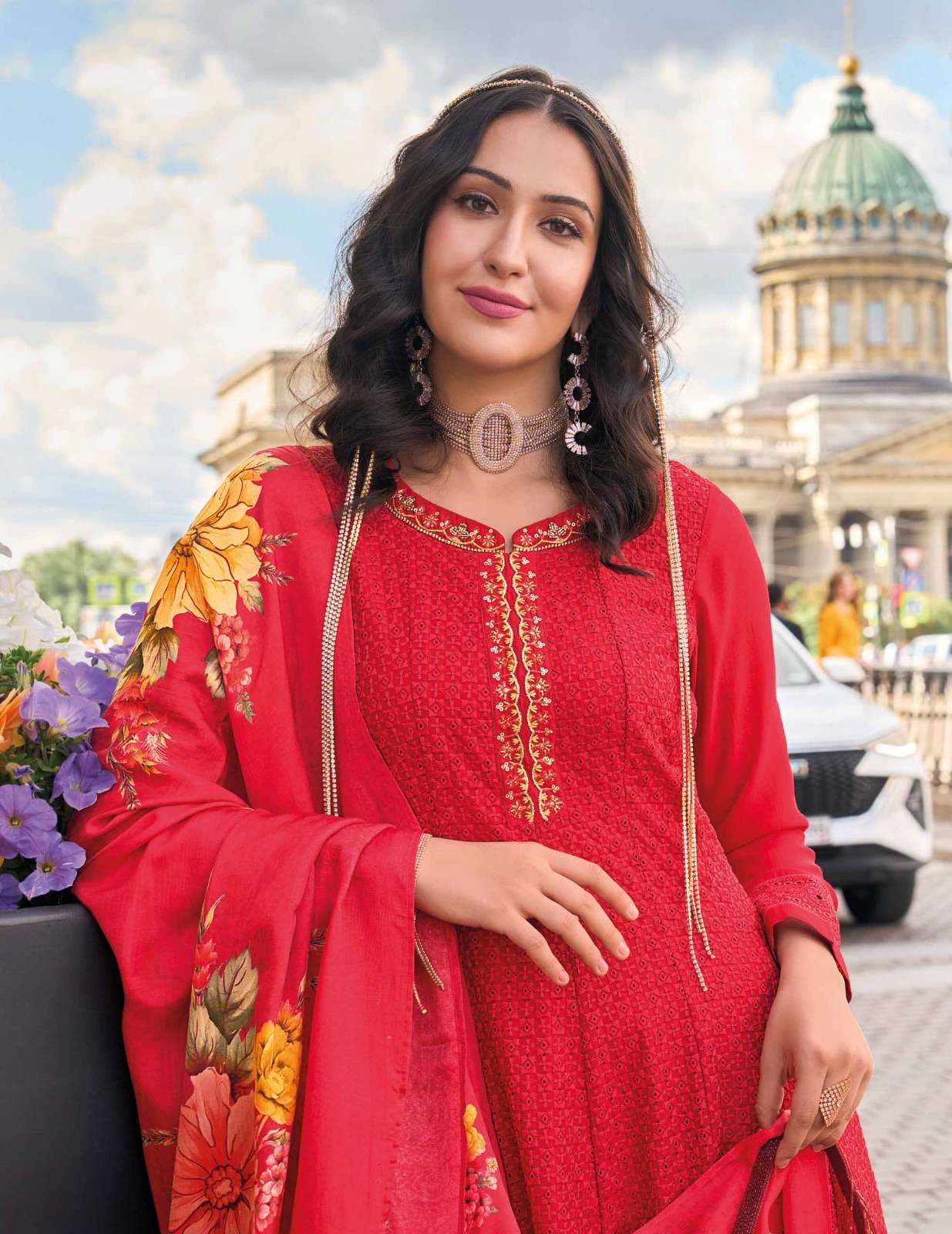 ALAMZEB DESIGN NO-21201 BY LILY & LALI PURE RUSSIAN SILK WORK ON VICHITRA SILK ANARKALI PATTERN WITH BOTTOM & DUPATTA  