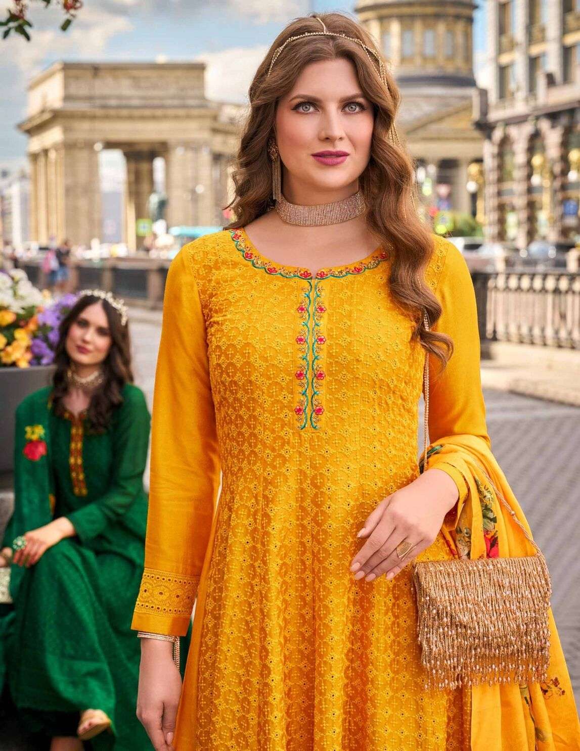 ALAMZEB DESIGN NO-21202 BY LILY & LALI PURE RUSSIAN SILK WORK ON VICHITRA SILK ANARKALI PATTERN WITH BOTTOM & DUPATTA  