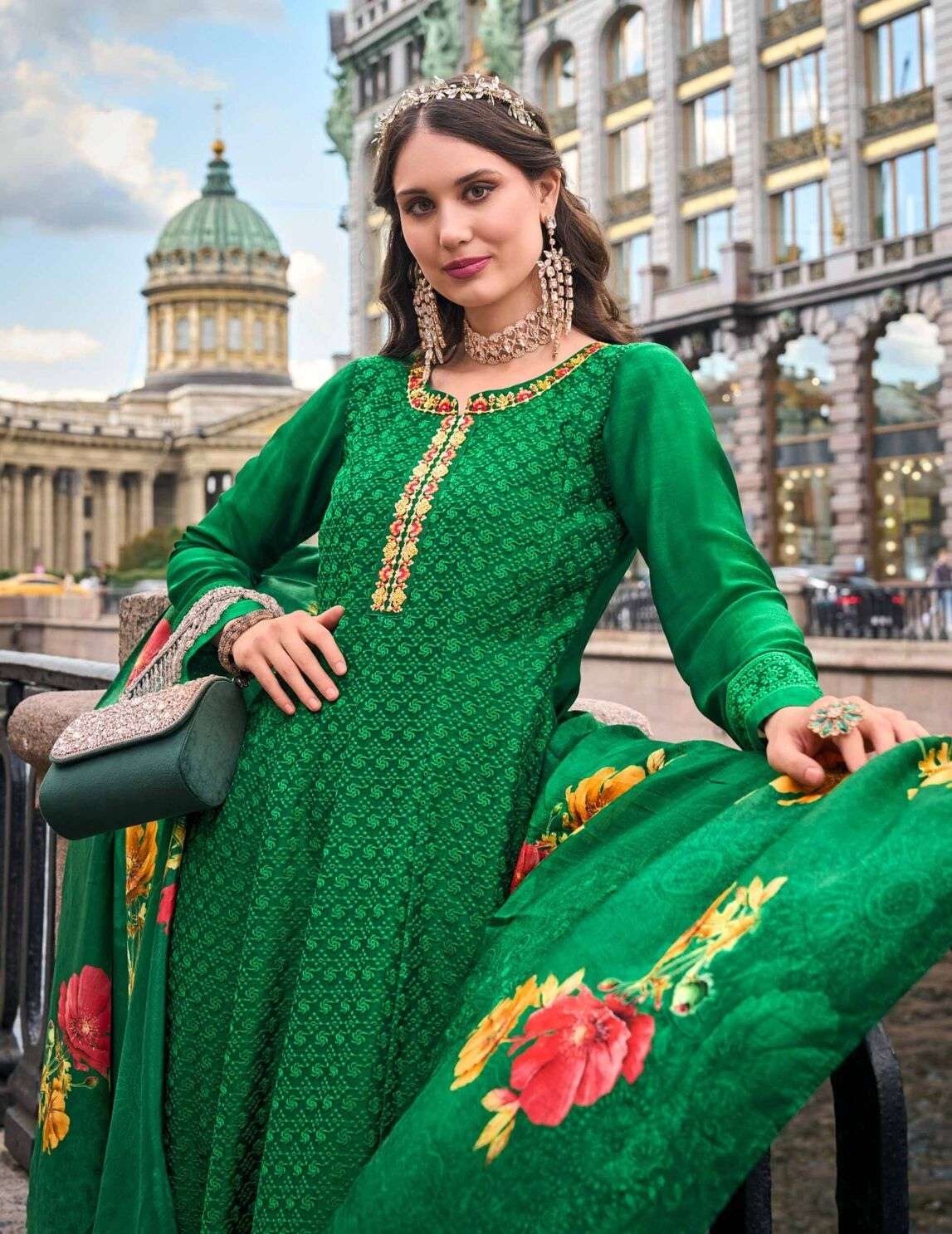 ALAMZEB DESIGN NO-21203 BY LILY & LALI PURE RUSSIAN SILK WORK ON VICHITRA SILK ANARKALI PATTERN WITH BOTTOM & DUPATTA  