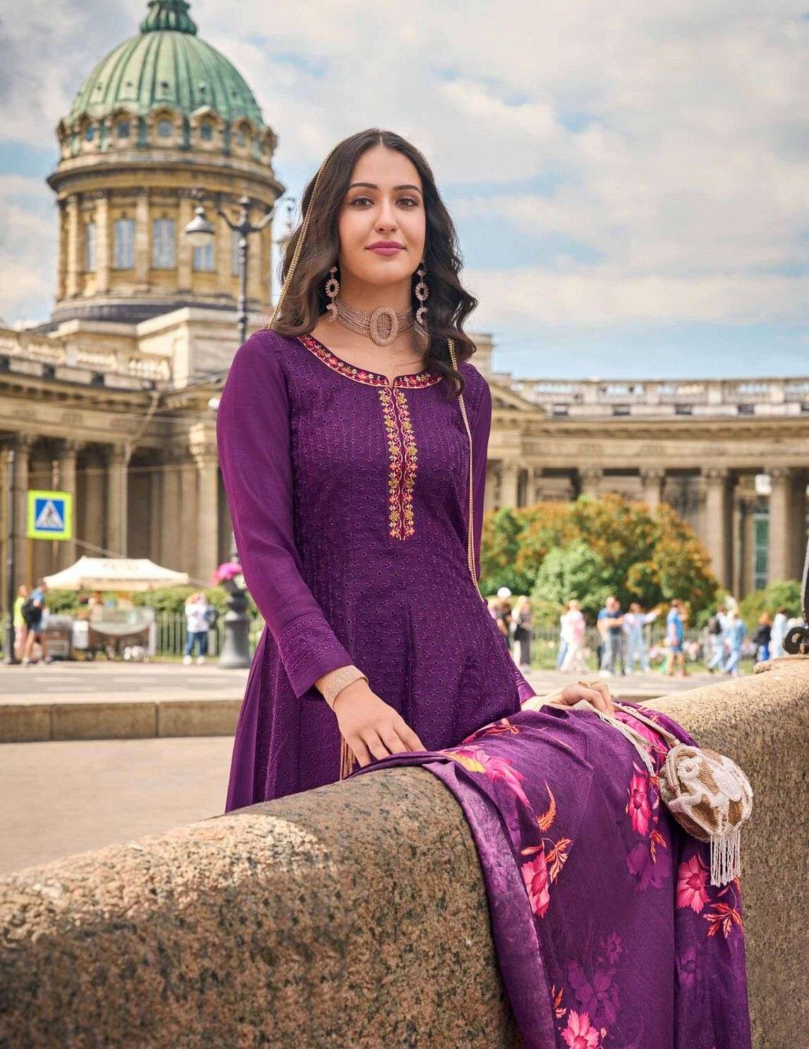 ALAMZEB DESIGN NO-21204 BY LILY & LALI PURE RUSSIAN SILK WORK ON VICHITRA SILK ANARKALI PATTERN WITH BOTTOM & DUPATTA  