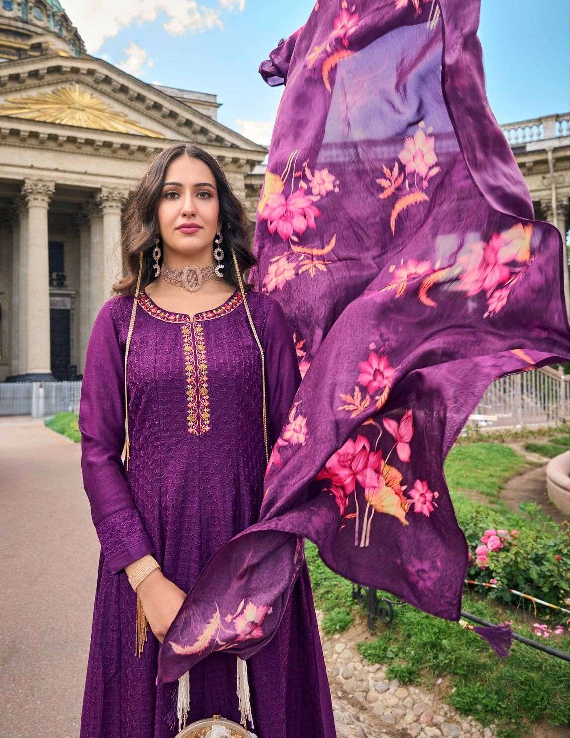 ALAMZEB DESIGN NO-21204 BY LILY & LALI PURE RUSSIAN SILK WORK ON VICHITRA SILK ANARKALI PATTERN WITH BOTTOM & DUPATTA  