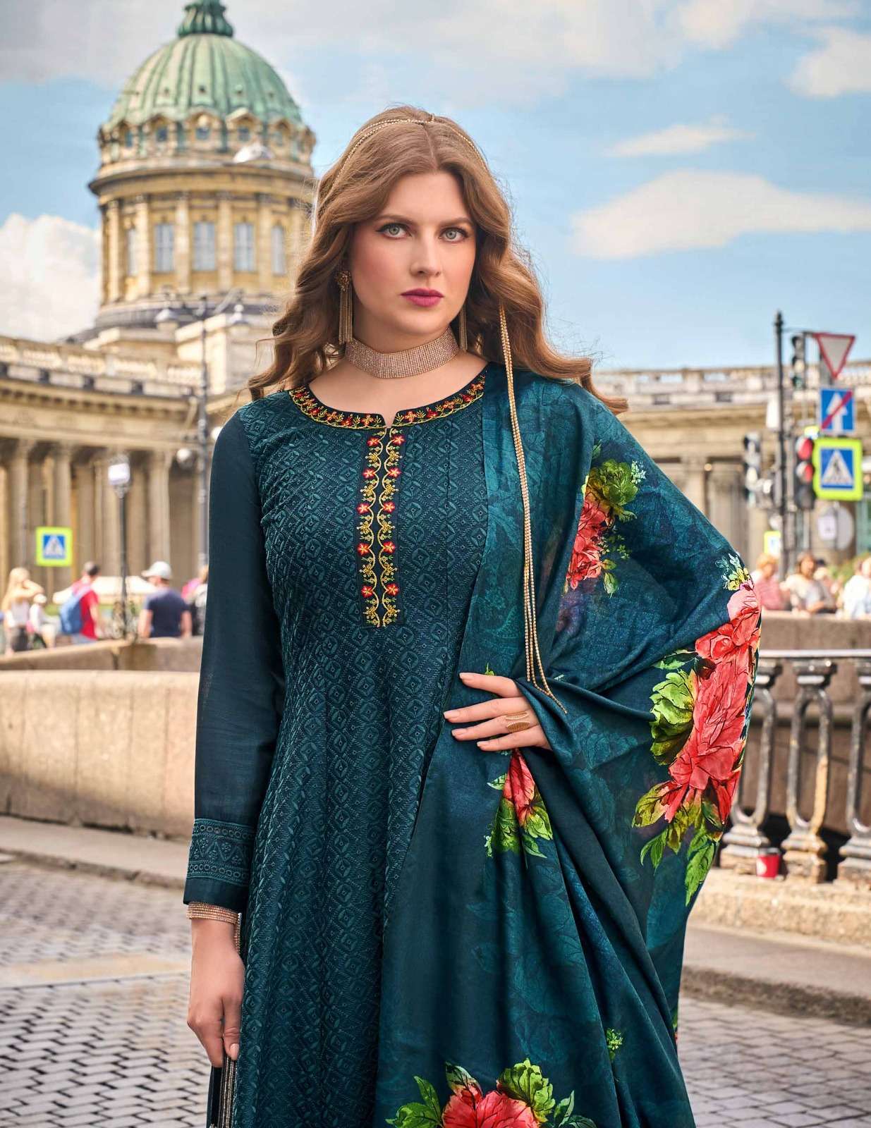 ALAMZEB DESIGN NO-21205 BY LILY & LALI PURE RUSSIAN SILK WORK ON VICHITRA SILK ANARKALI PATTERN WITH BOTTOM & DUPATTA  