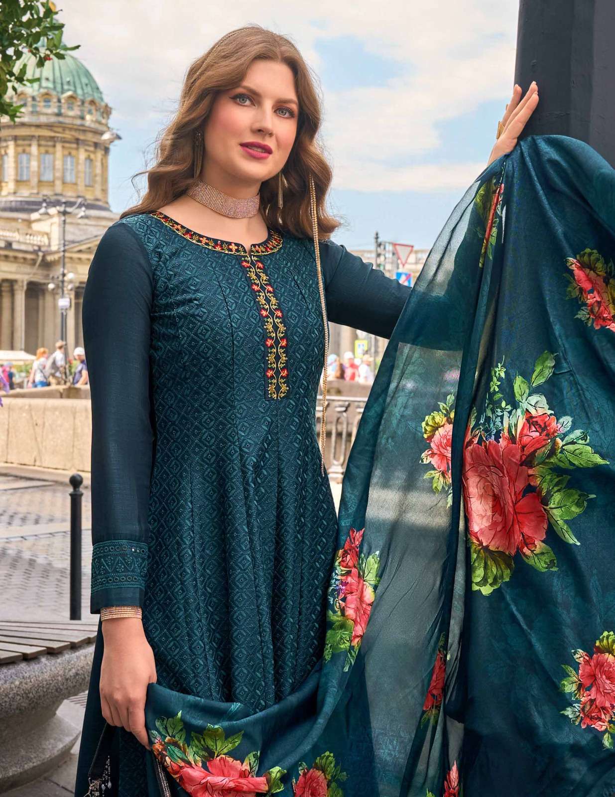 ALAMZEB DESIGN NO-21205 BY LILY & LALI PURE RUSSIAN SILK WORK ON VICHITRA SILK ANARKALI PATTERN WITH BOTTOM & DUPATTA  