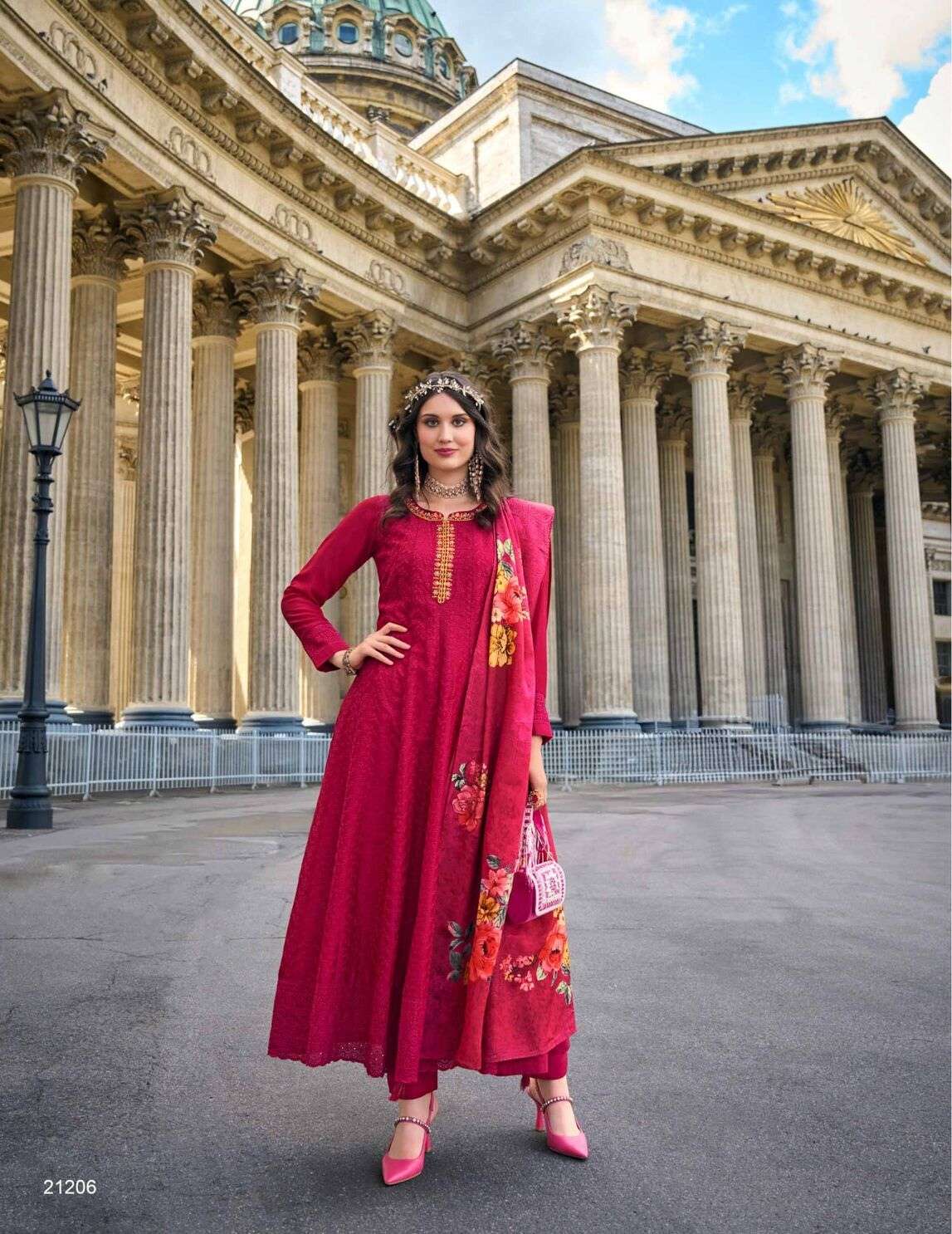 ALAMZEB DESIGN NO-21206 BY LILY & LALI PURE RUSSIAN SILK WORK ON VICHITRA SILK ANARKALI PATTERN WITH BOTTOM & DUPATTA  