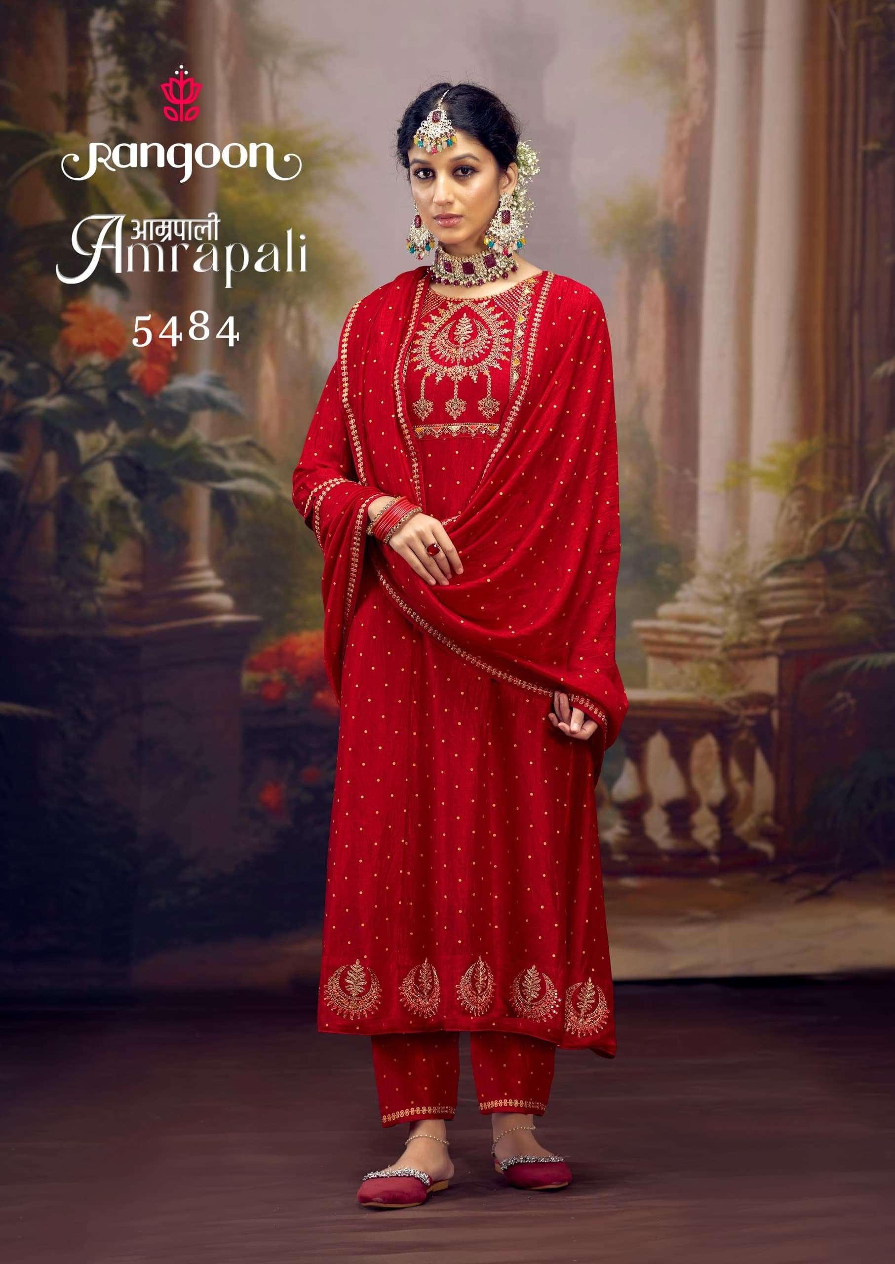 AMRAPALI BY RANGOON SILK WITH IVOREY WORK FANCY EMBROIDERY ANARKALI STYLE KURTI PANT WITH DUPATTA 