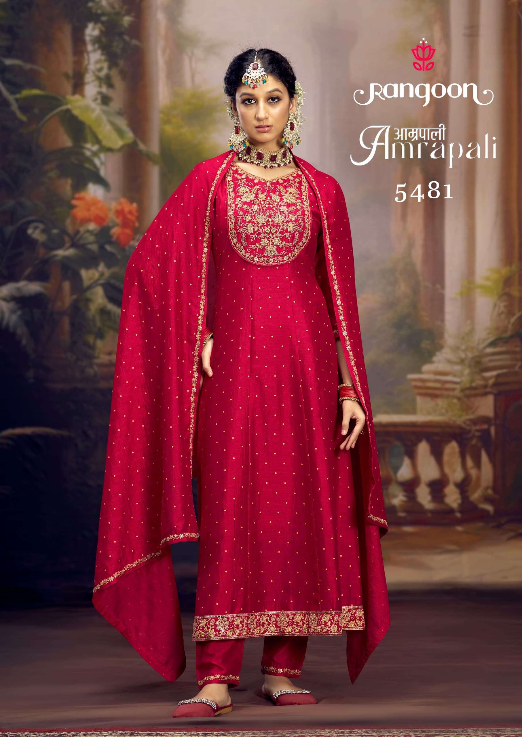 AMRAPALI BY RANGOON SILK WITH IVOREY WORK FANCY EMBROIDERY ANARKALI STYLE KURTI PANT WITH DUPATTA 