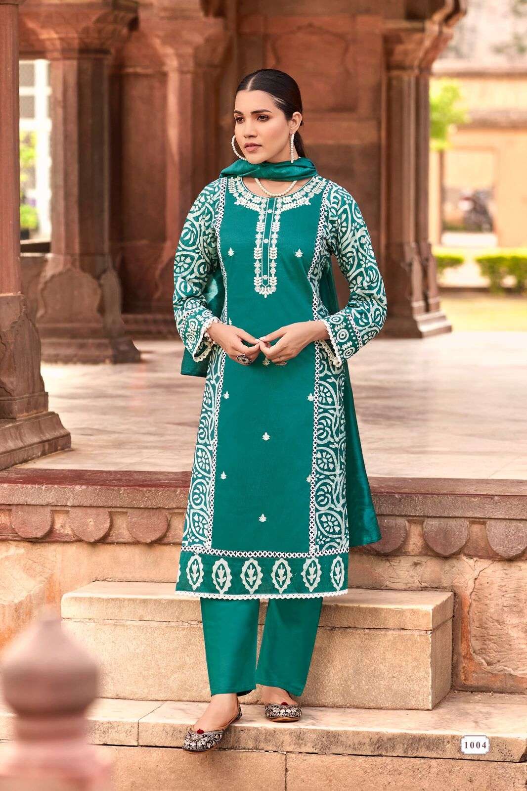 BATIK VOL-3 BY OSSM CHANDERI BATIK PRINT WITH INNER & LACE WORK KURTI PANT WITH DUPATTA 