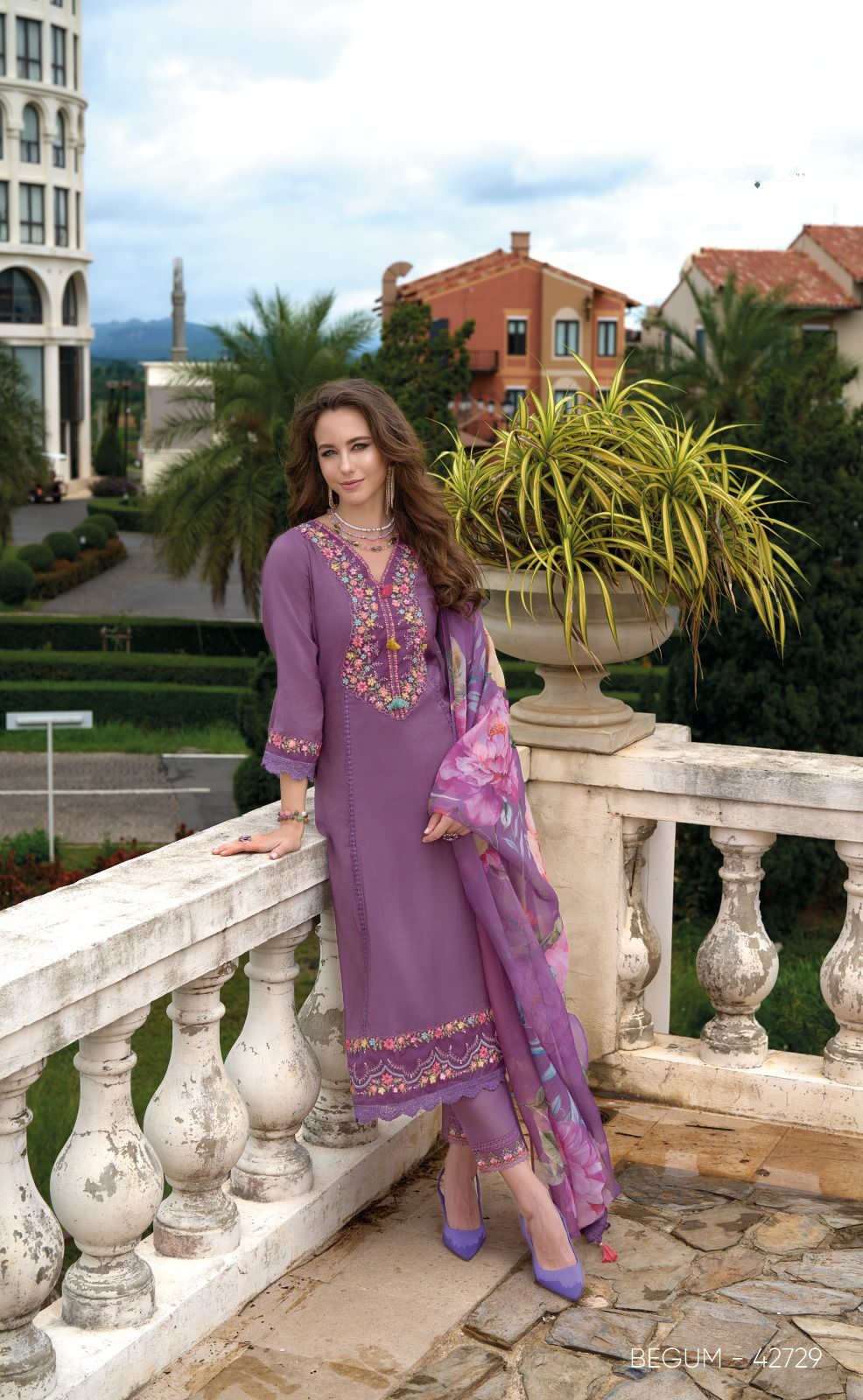 BEGUM VOL-6 DESIGN NO-42729 BY KAILEE FASHION PURE VISCOSE SIMMER SILK FANCY THREAD HANDWORK KURTI PANT WITH DUPATTA  