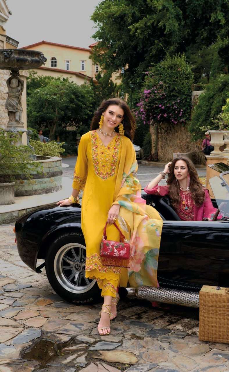 BEGUM VOL-6 DESIGN NO-42734 BY KAILEE FASHION PURE VISCOSE SIMMER SILK FANCY THREAD HANDWORK KURTI PANT WITH DUPATTA  