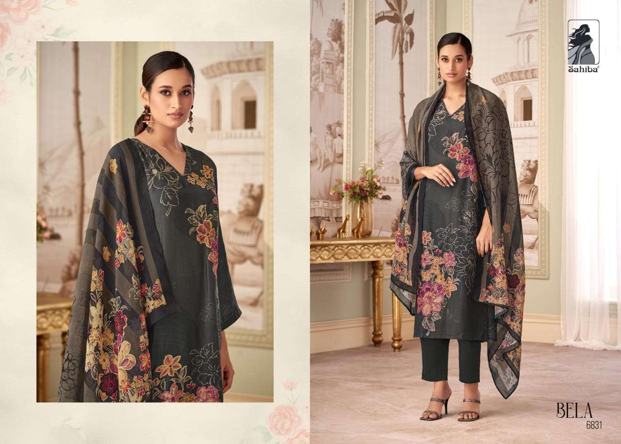 BELA BY SAHIBA MUSLIN SILK DIGITAL PRINT HANDWORK & THREADAL WORK WITH BUTTA PATCH SALWAR SUITS 