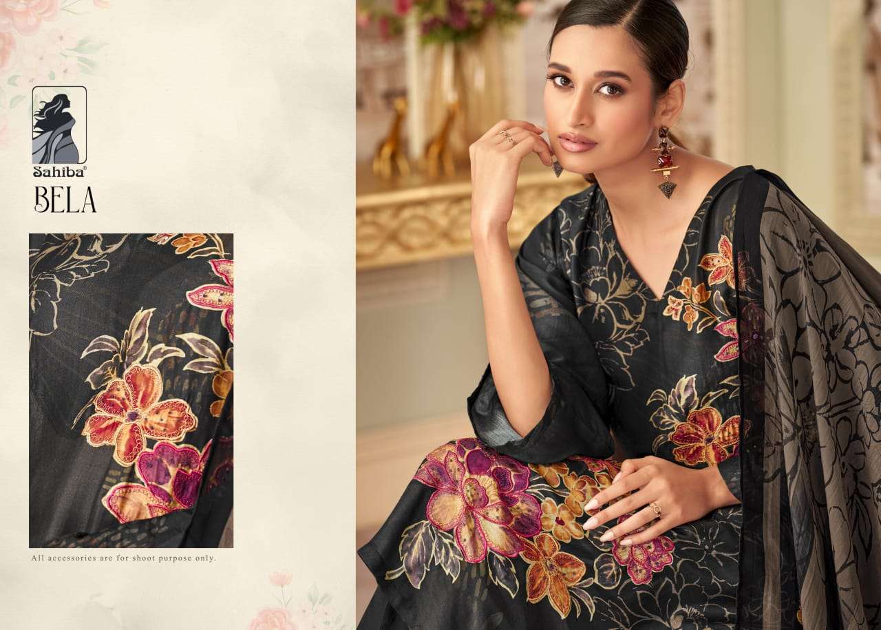 BELA BY SAHIBA MUSLIN SILK DIGITAL PRINT HANDWORK & THREADAL WORK WITH BUTTA PATCH SALWAR SUITS 