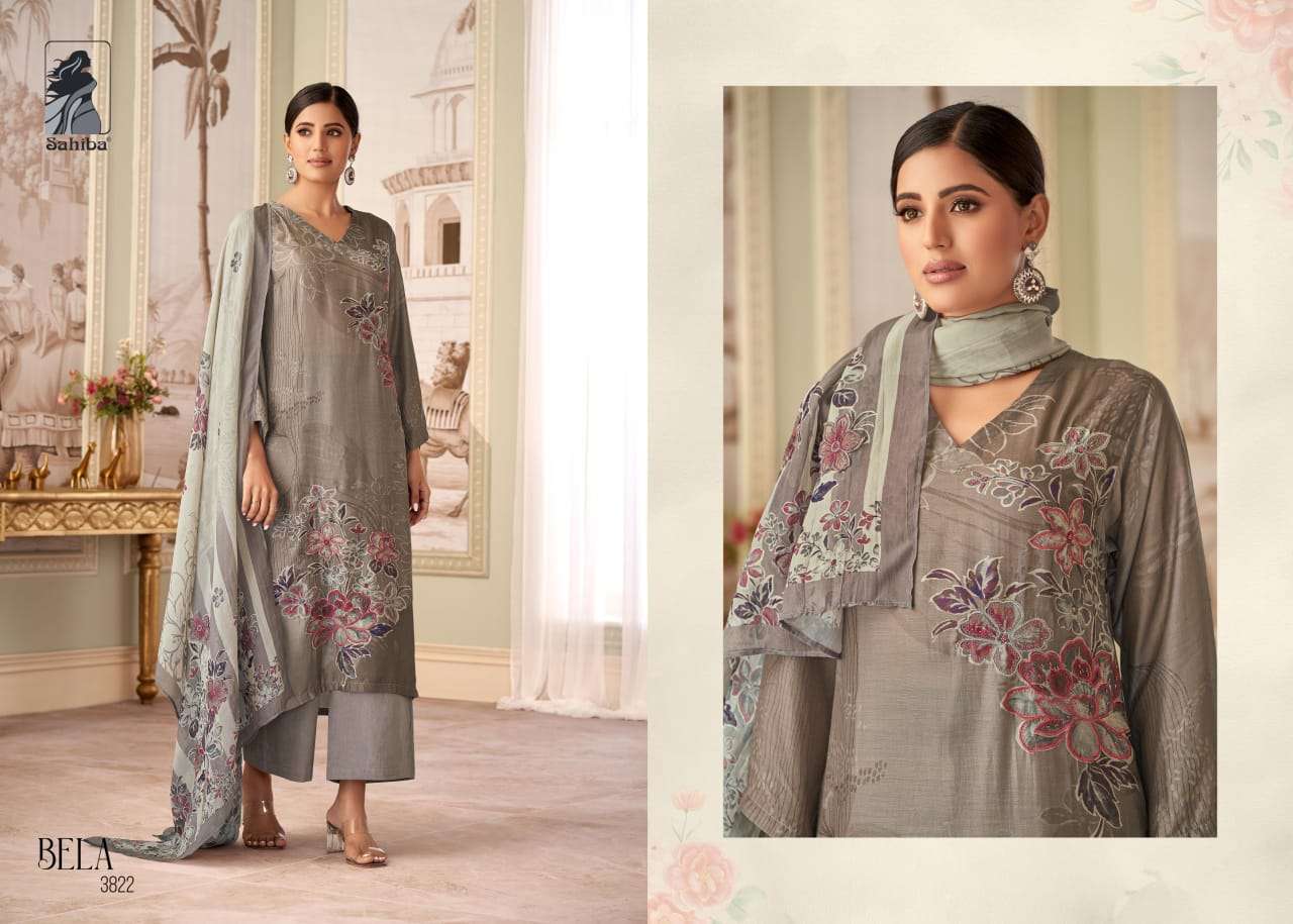 BELA BY SAHIBA MUSLIN SILK DIGITAL PRINT HANDWORK & THREADAL WORK WITH BUTTA PATCH SALWAR SUITS 