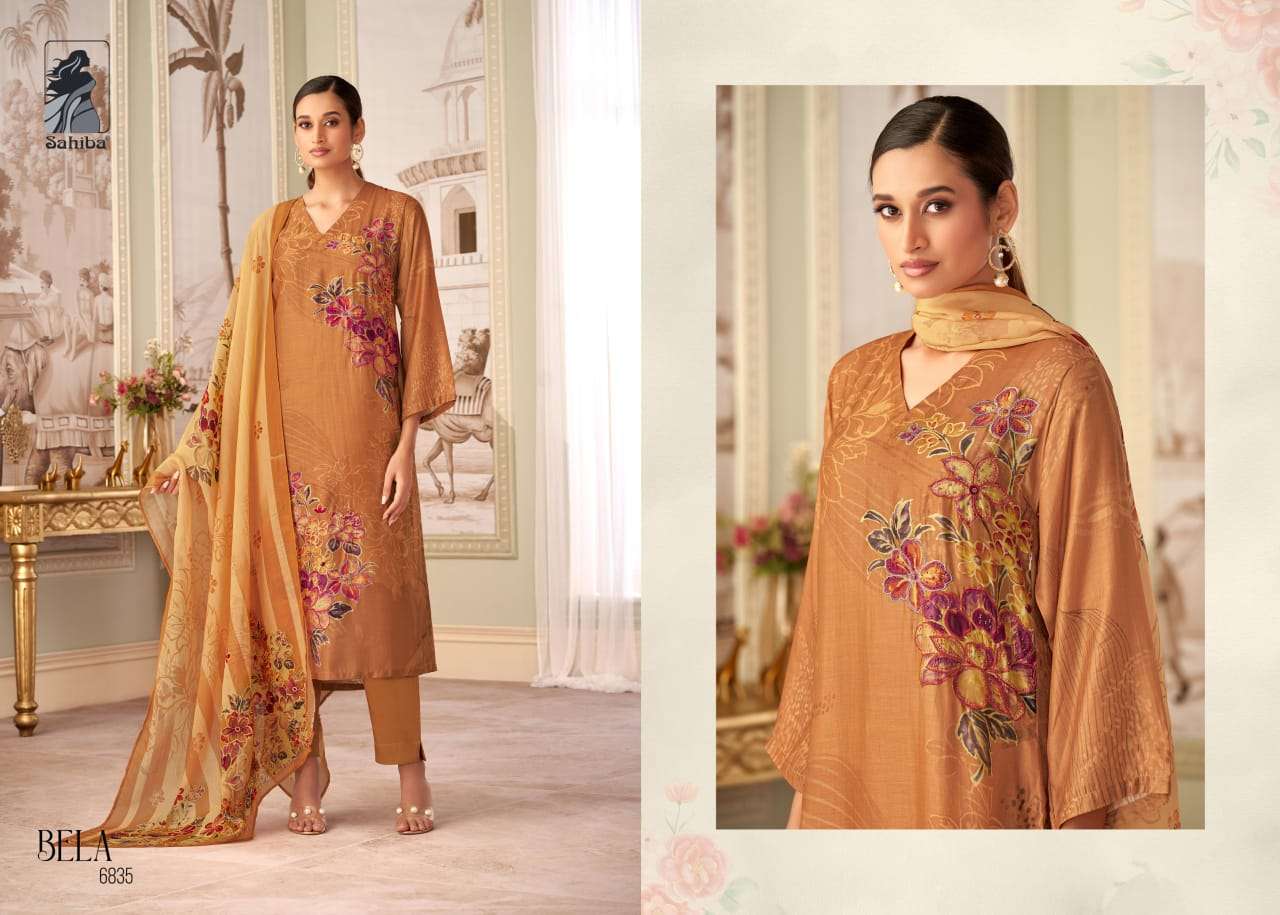 BELA BY SAHIBA MUSLIN SILK DIGITAL PRINT HANDWORK & THREADAL WORK WITH BUTTA PATCH SALWAR SUITS 