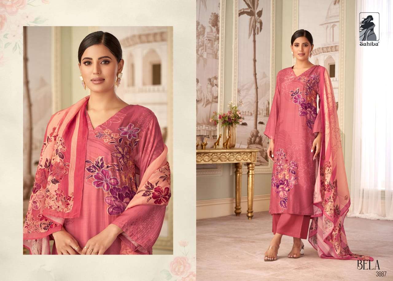 BELA BY SAHIBA MUSLIN SILK DIGITAL PRINT HANDWORK & THREADAL WORK WITH BUTTA PATCH SALWAR SUITS 