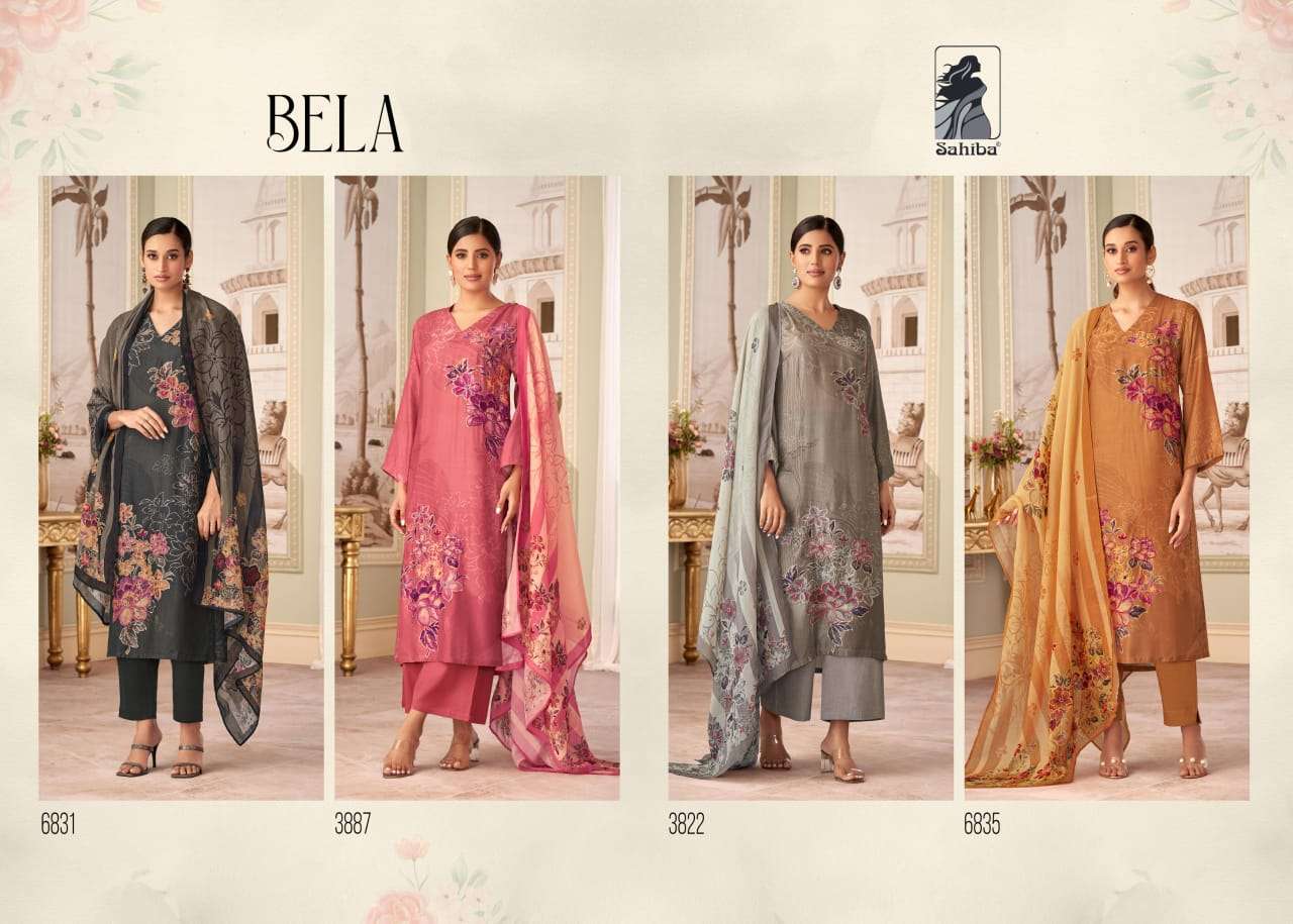 BELA BY SAHIBA MUSLIN SILK DIGITAL PRINT HANDWORK & THREADAL WORK WITH BUTTA PATCH SALWAR SUITS 