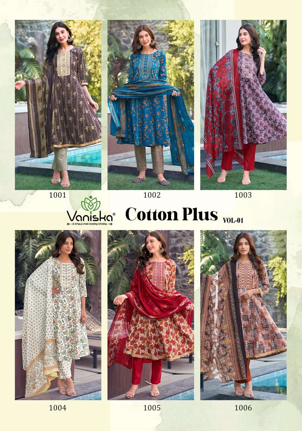 COTTON PLUS VOL-1 BY VANISKA FANCY EMBROIDERY WORK GOWN STYLE KURTI PANT WITH DUPATTA 