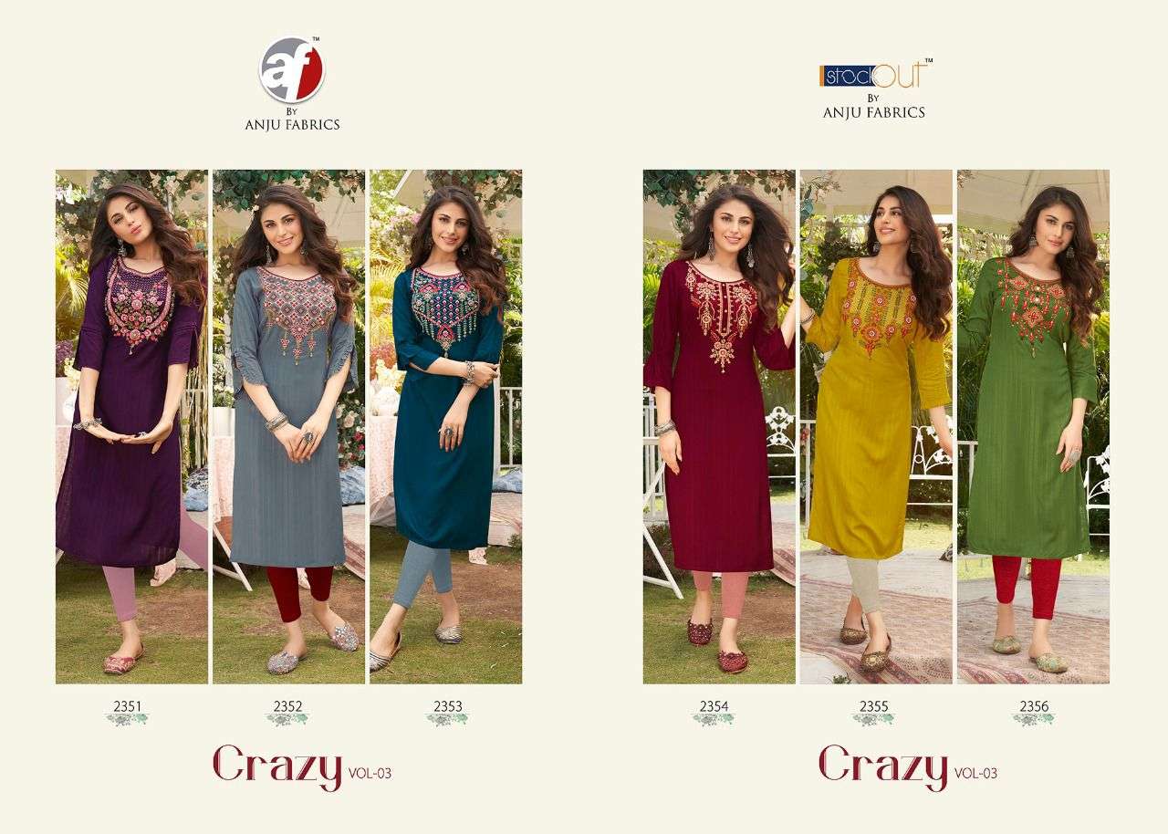 CRAZY VOL-3 BY ANJU FABRICS VISCOSE RAYON EMBROIDERY WITH HANDWORK STYLISH KURTI 