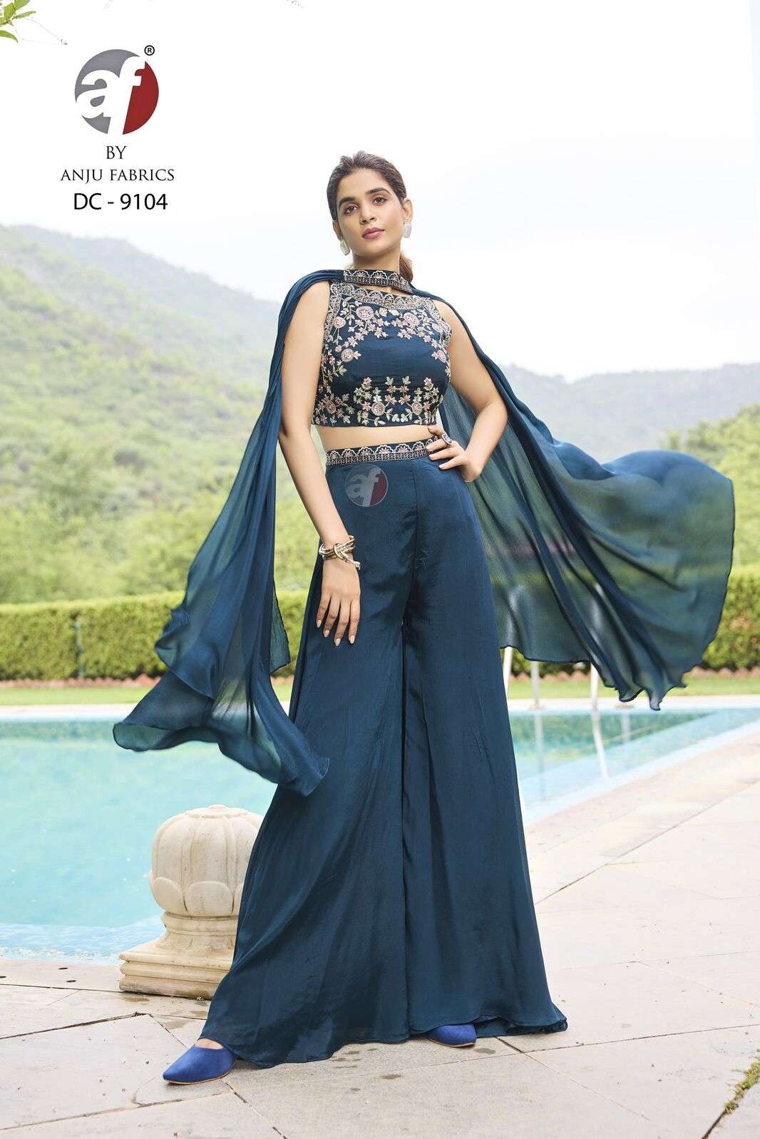 DC-9104 BY ANJU FABRICS PURE CHINON CHIFFON DESIGNER TOP PLAZO WITH FLARED CHOKER DUPATTA 