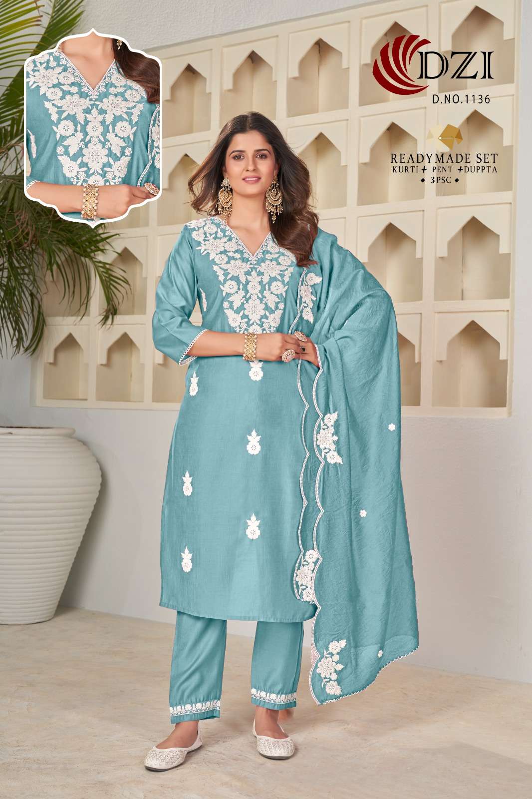 DESIGN NO.-1134-1135-1136 BY DZI DELUXE VISCOSE COTTON INNER EMBROIDERY WORK KURTI PANT WITH DUPATTA 