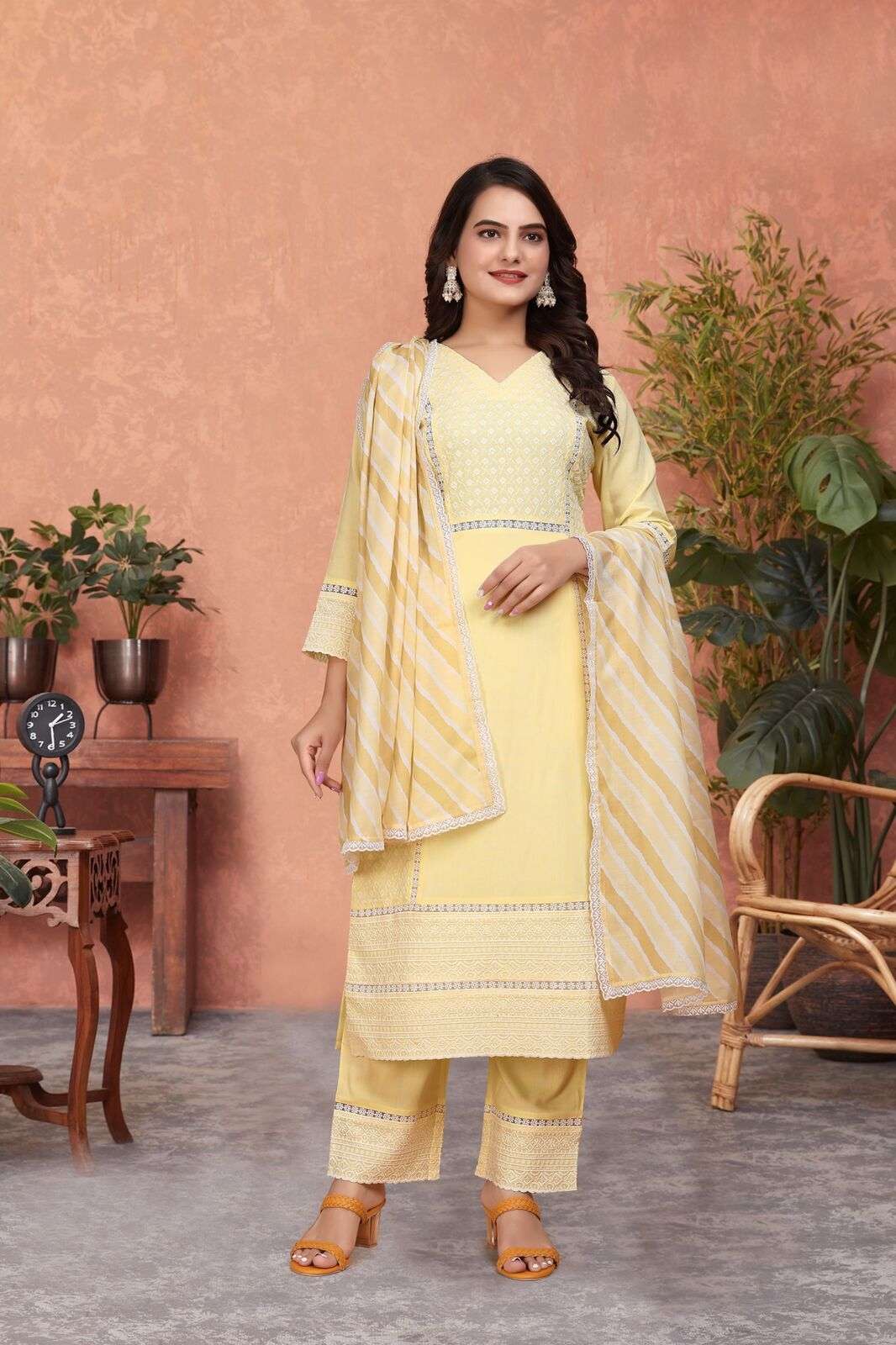 DESIGN NO-118 BY TEXOFAB YELLOW COLOUR 3 PCS PURE VISCOSE SCHIFFLI WORK WITH ORGANZA LACE & POCKET 