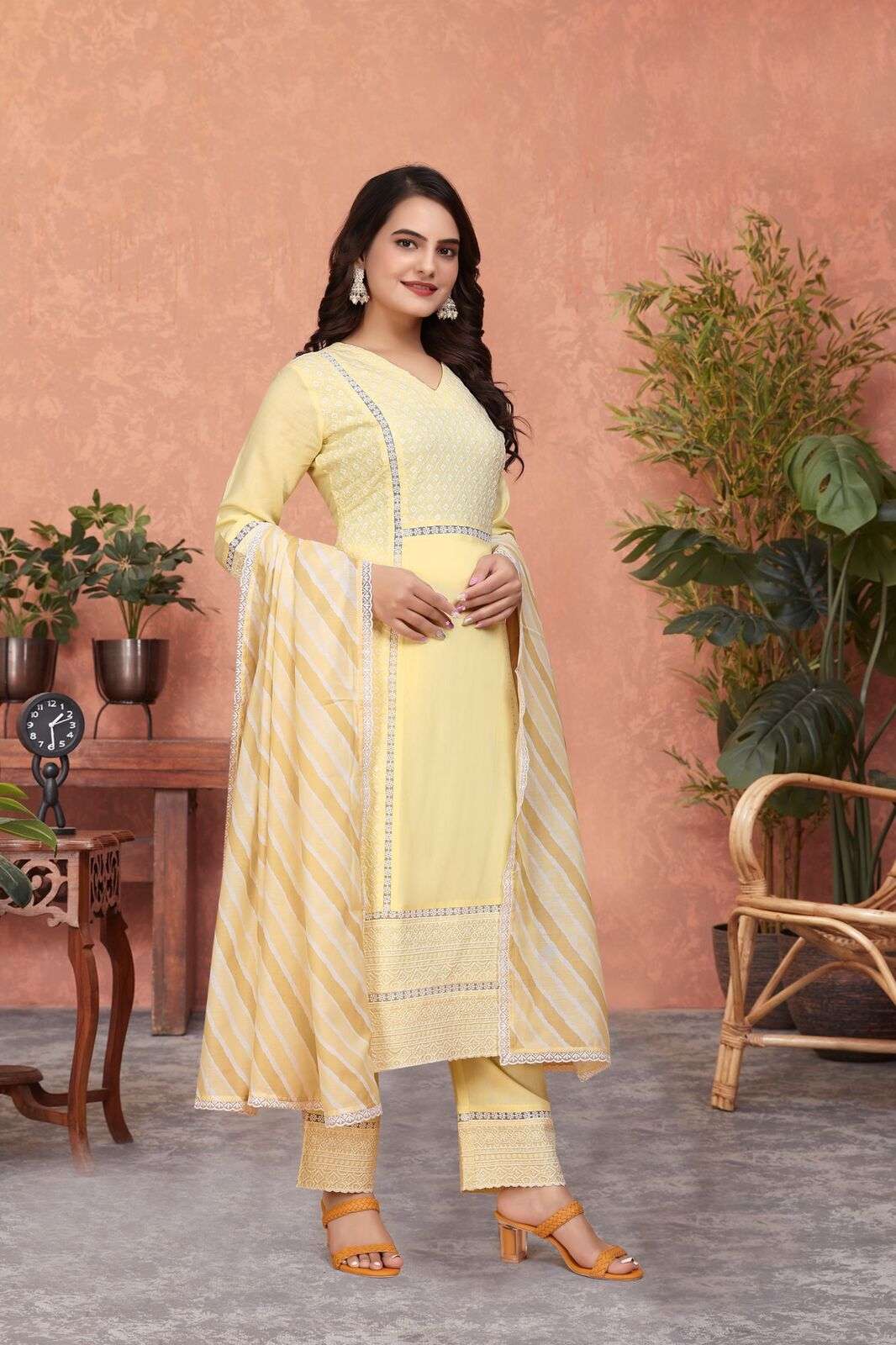 DESIGN NO-118 BY TEXOFAB YELLOW COLOUR 3 PCS PURE VISCOSE SCHIFFLI WORK WITH ORGANZA LACE & POCKET 