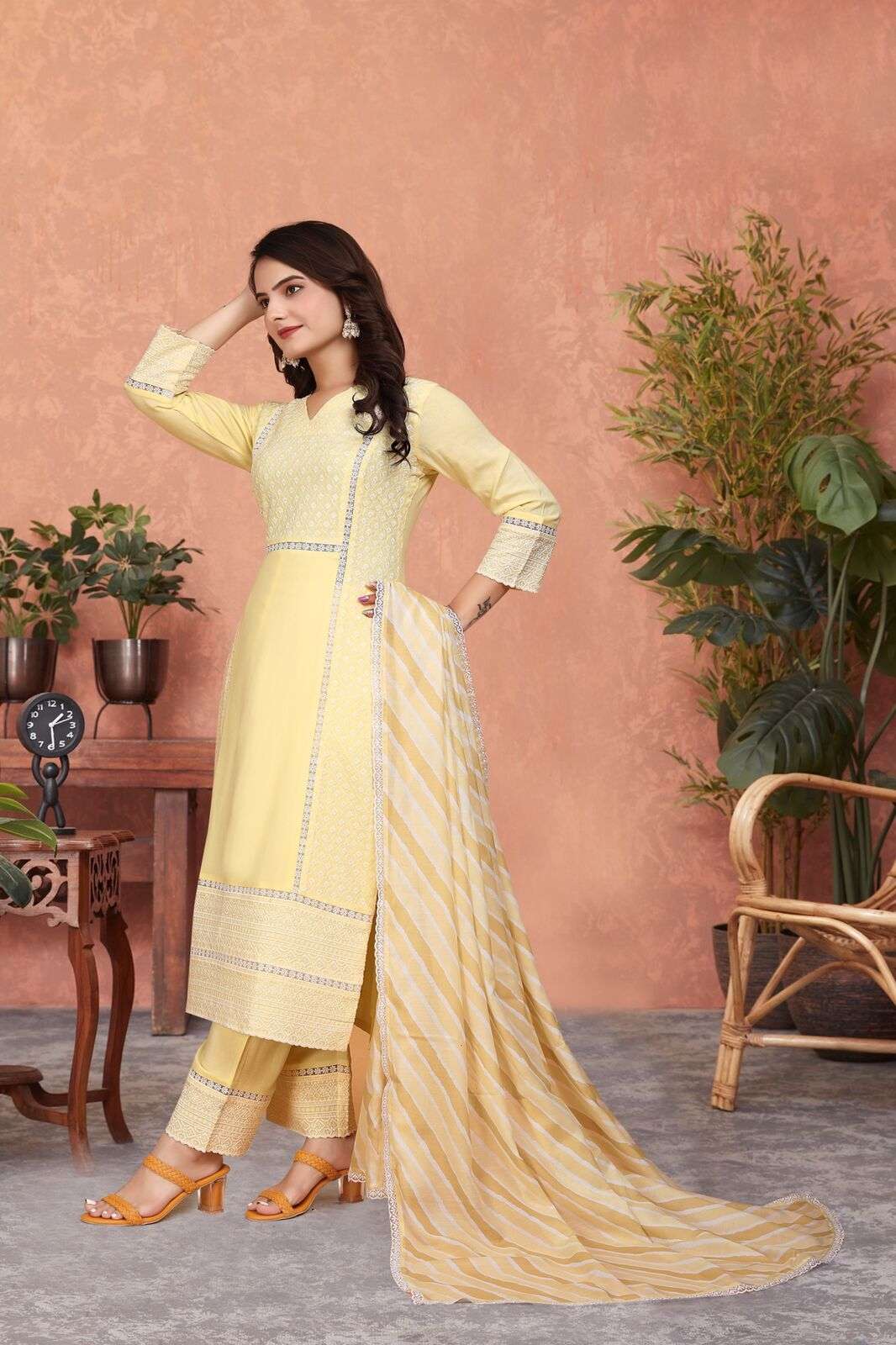 DESIGN NO-118 BY TEXOFAB YELLOW COLOUR 3 PCS PURE VISCOSE SCHIFFLI WORK WITH ORGANZA LACE & POCKET 