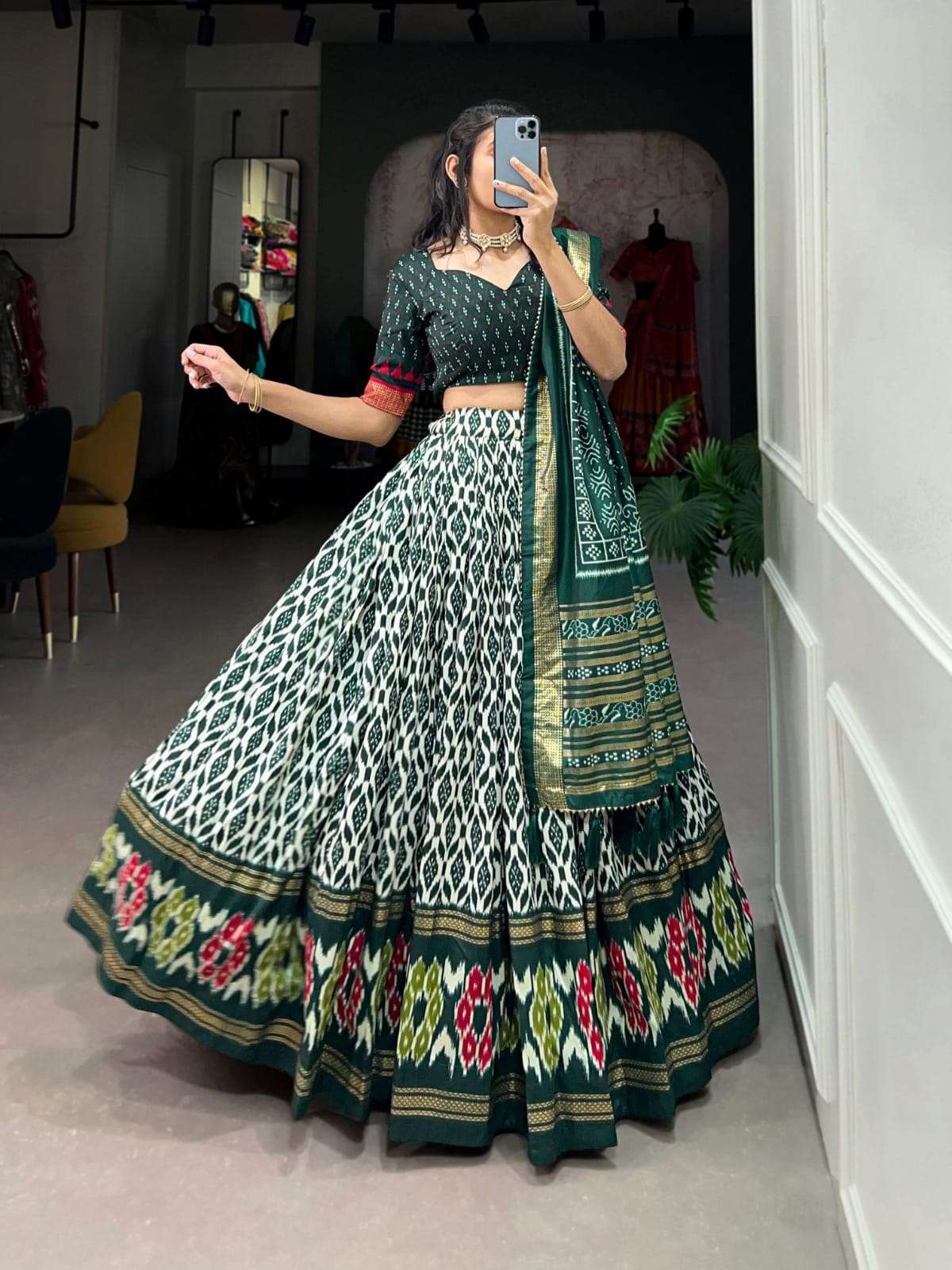 DESIGN NO- 1223 BY PRANAUTHI IKKAT PRINT FOIL WORK GOTTA PATTI LACE BORDER LEHENGA 