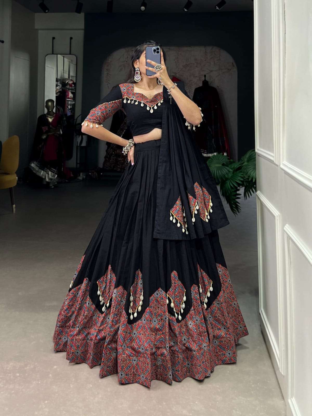 DESIGN NO- 1655 BLK BY TEXOFAB PURE PLAIN COTTON WITH PRINTED KODI LACE WORK LEHENGA 