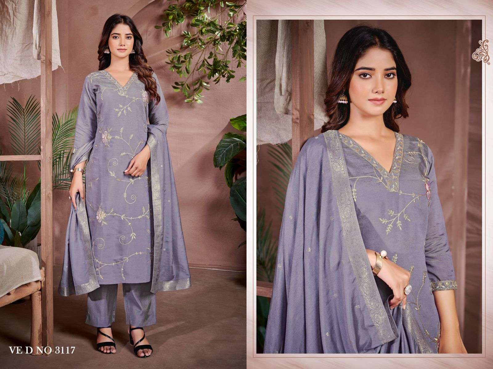 DESIGN NO- 3116 TO 3119 BY LADIES FLAVOUR ROMAN SHIMMER WITH EMBROIDERY CODING WORK WITH COTTON INNER 3 PCS 