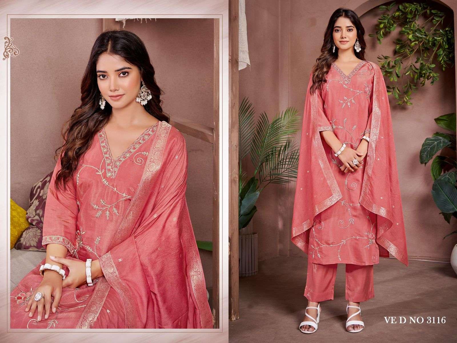 DESIGN NO- 3116 TO 3119 BY LADIES FLAVOUR ROMAN SHIMMER WITH EMBROIDERY CODING WORK WITH COTTON INNER 3 PCS 