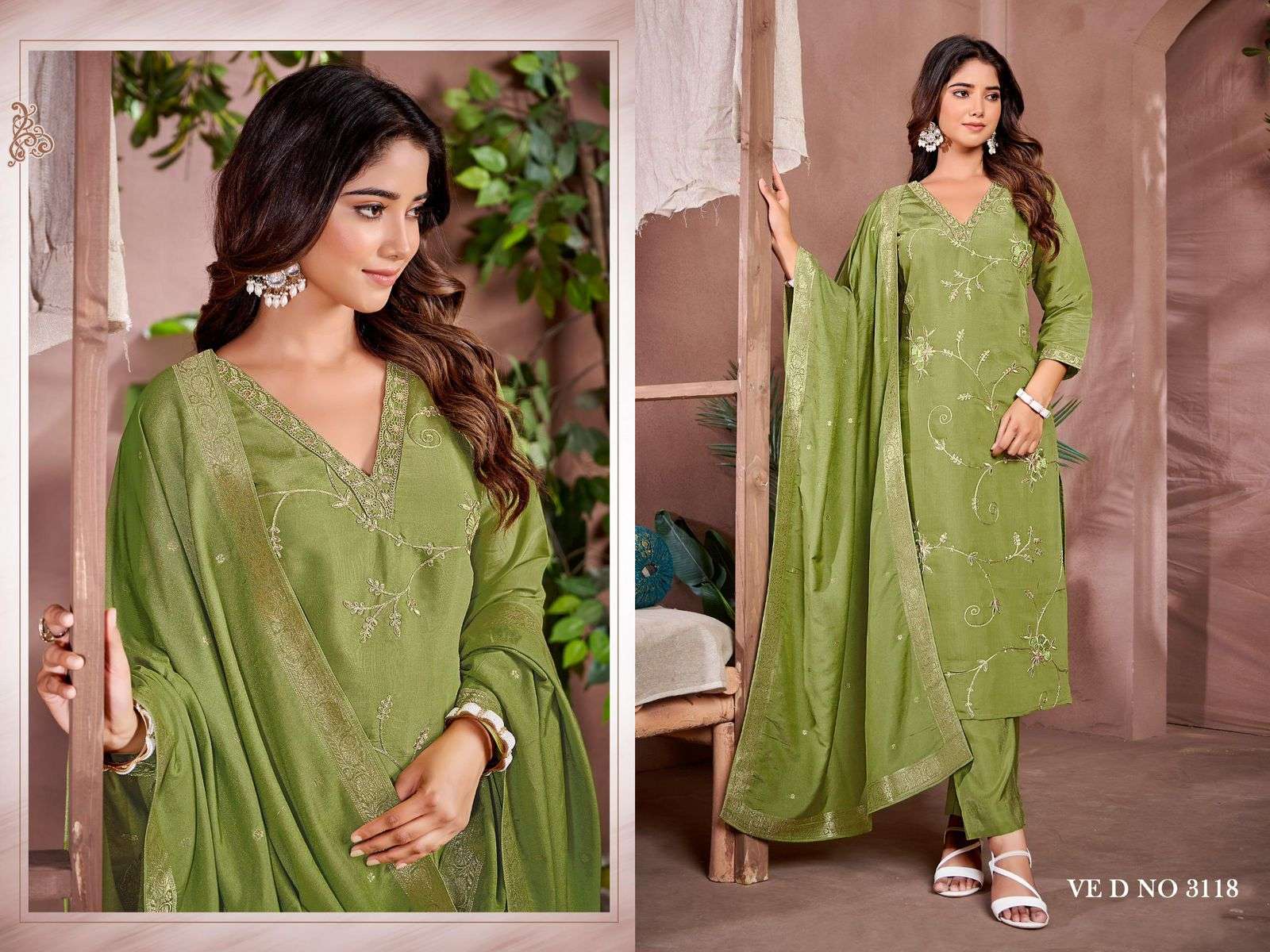 DESIGN NO- 3116 TO 3119 BY LADIES FLAVOUR ROMAN SHIMMER WITH EMBROIDERY CODING WORK WITH COTTON INNER 3 PCS 