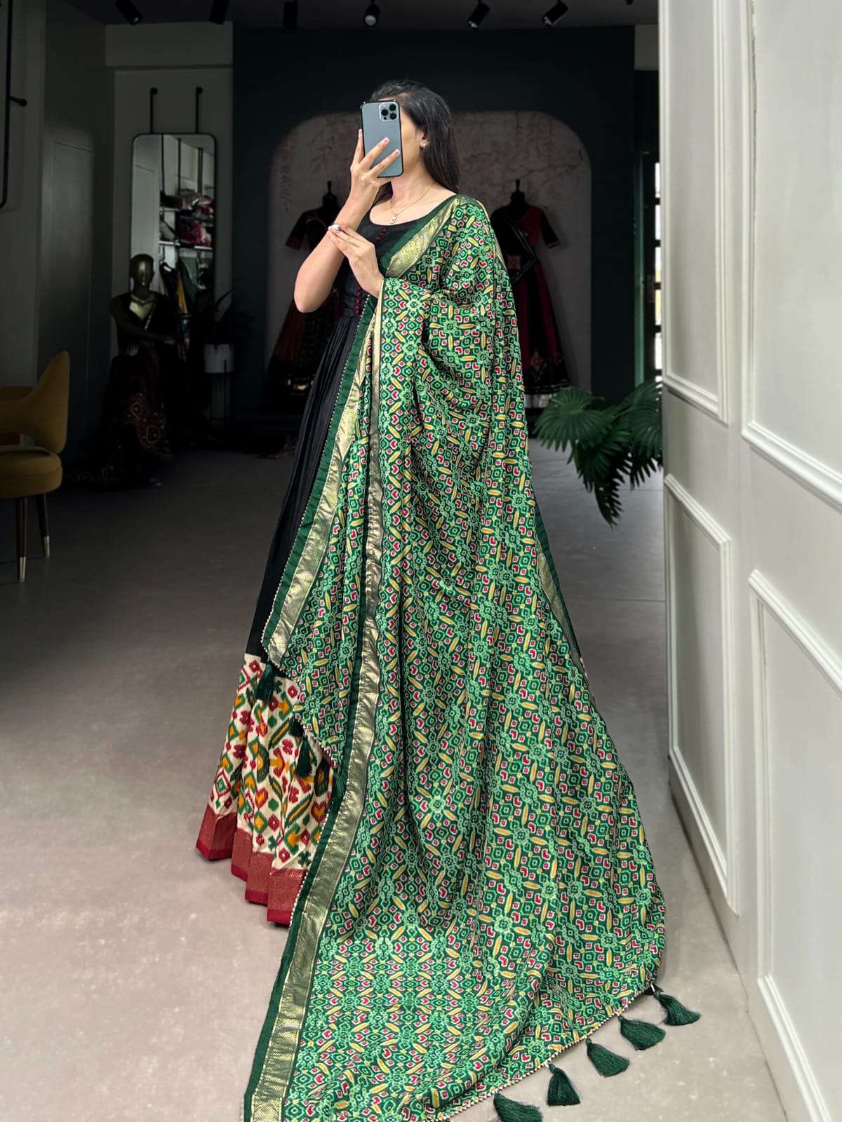 DESIGN NO-5033 BY TEXOFAB DOLA SILK PATOLA PRINT FOIL WORK FLORAL GOWN WITH DUPATTA  