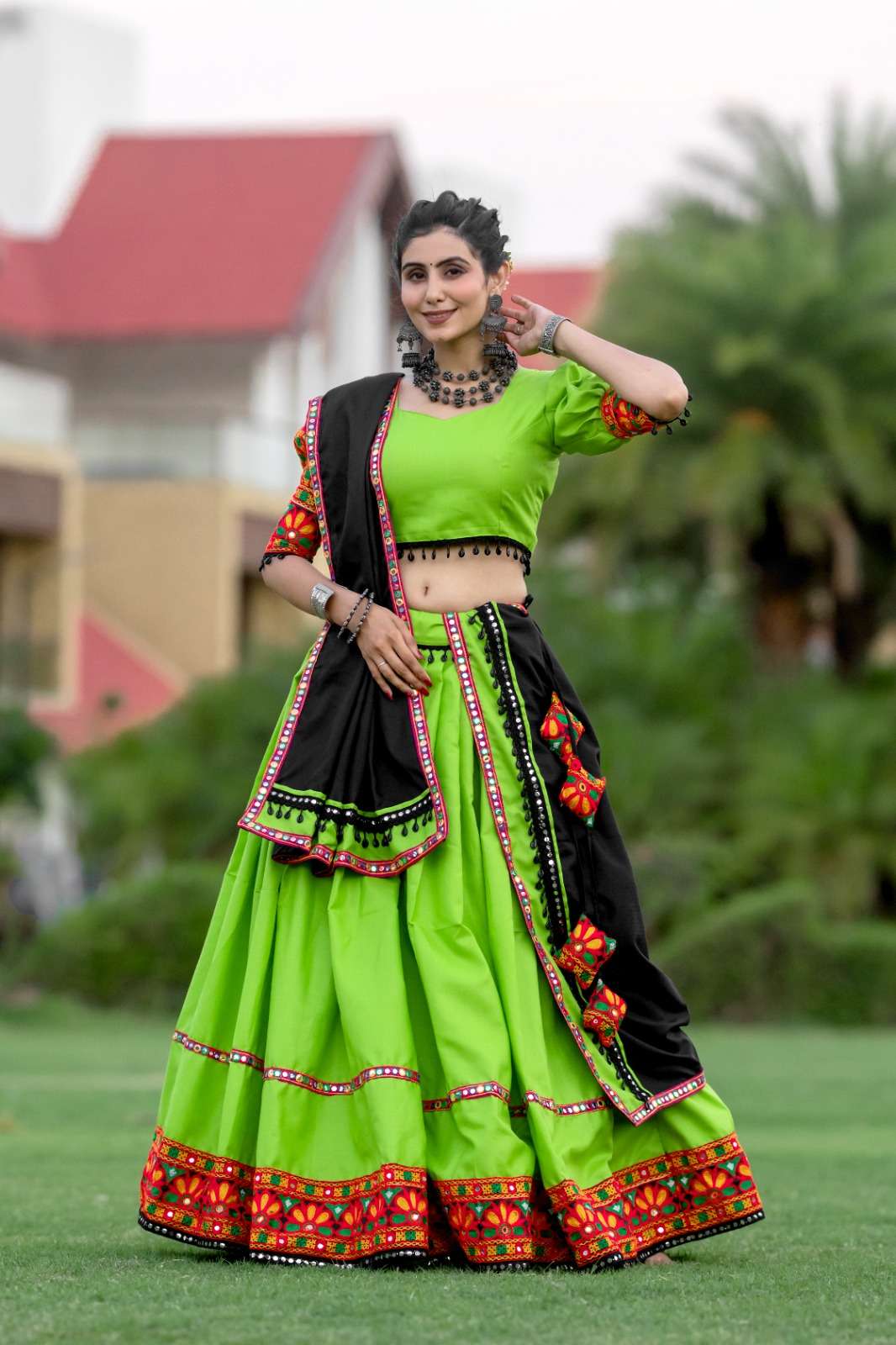 DESIGN NO-7067 BY AAWIYA PARROT GREEN COLOUR NAVRATRI SPECIAL LEHENGA BLOUSE WITH DUPATTA 