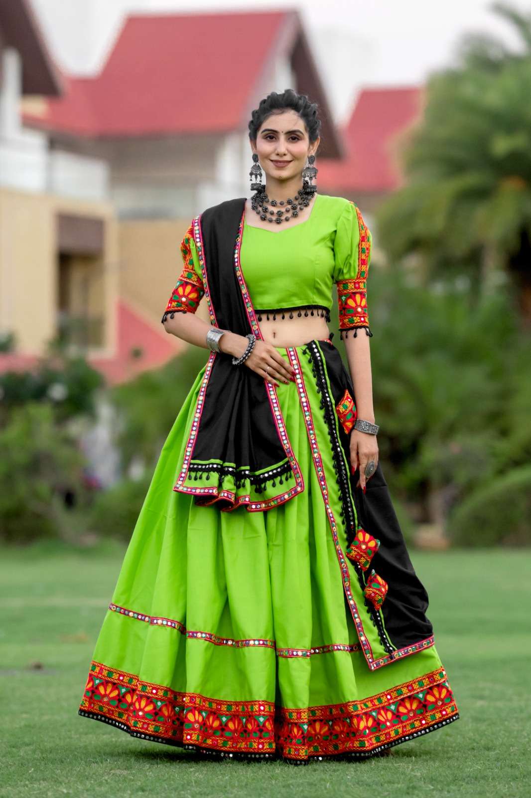 DESIGN NO-7067 BY AAWIYA PARROT GREEN COLOUR NAVRATRI SPECIAL LEHENGA BLOUSE WITH DUPATTA 