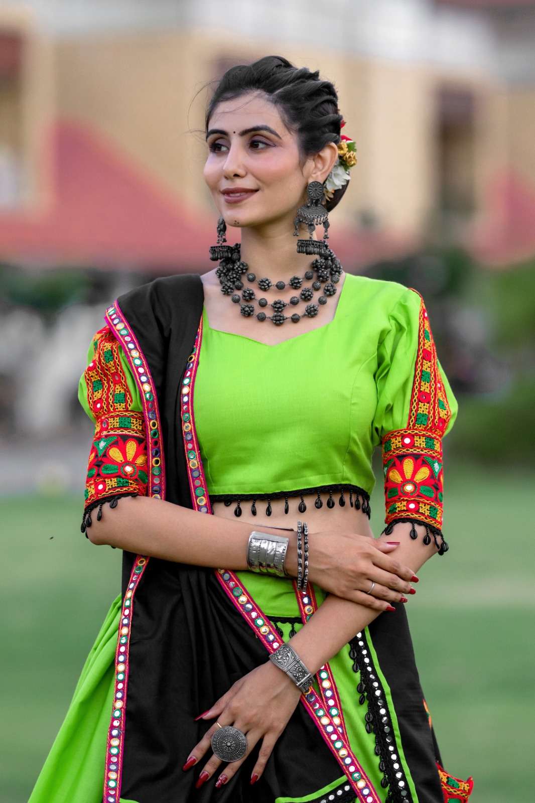 DESIGN NO-7067 BY AAWIYA PARROT GREEN COLOUR NAVRATRI SPECIAL LEHENGA BLOUSE WITH DUPATTA 