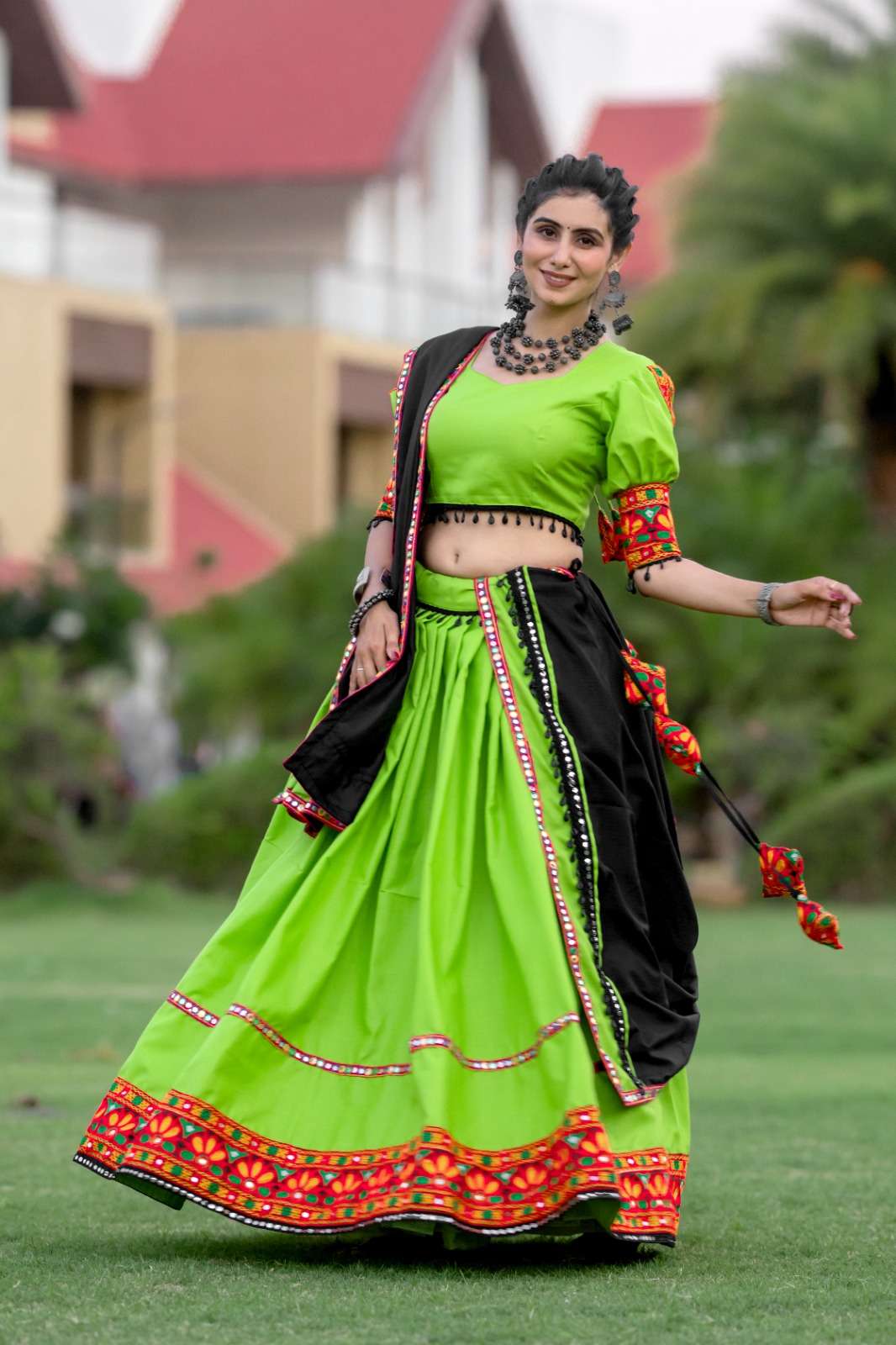 DESIGN NO-7067 BY AAWIYA PARROT GREEN COLOUR NAVRATRI SPECIAL LEHENGA BLOUSE WITH DUPATTA 