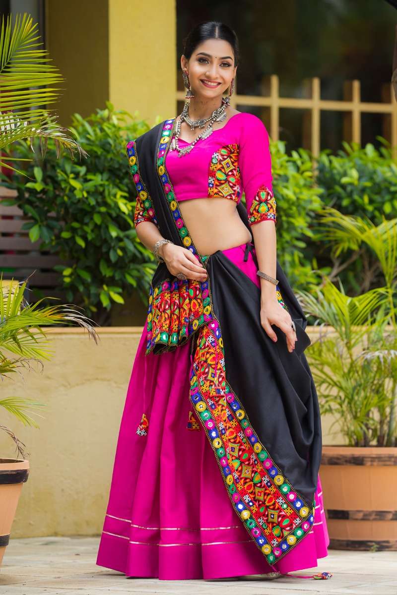 DESIGN NO. 7070 BY AAWIYA PINK COLOUR LEHENGA BLOUSE WITH BLACK COLOUR DUPATTA EMBROIDERY GAMTHI MIRROR WORK 