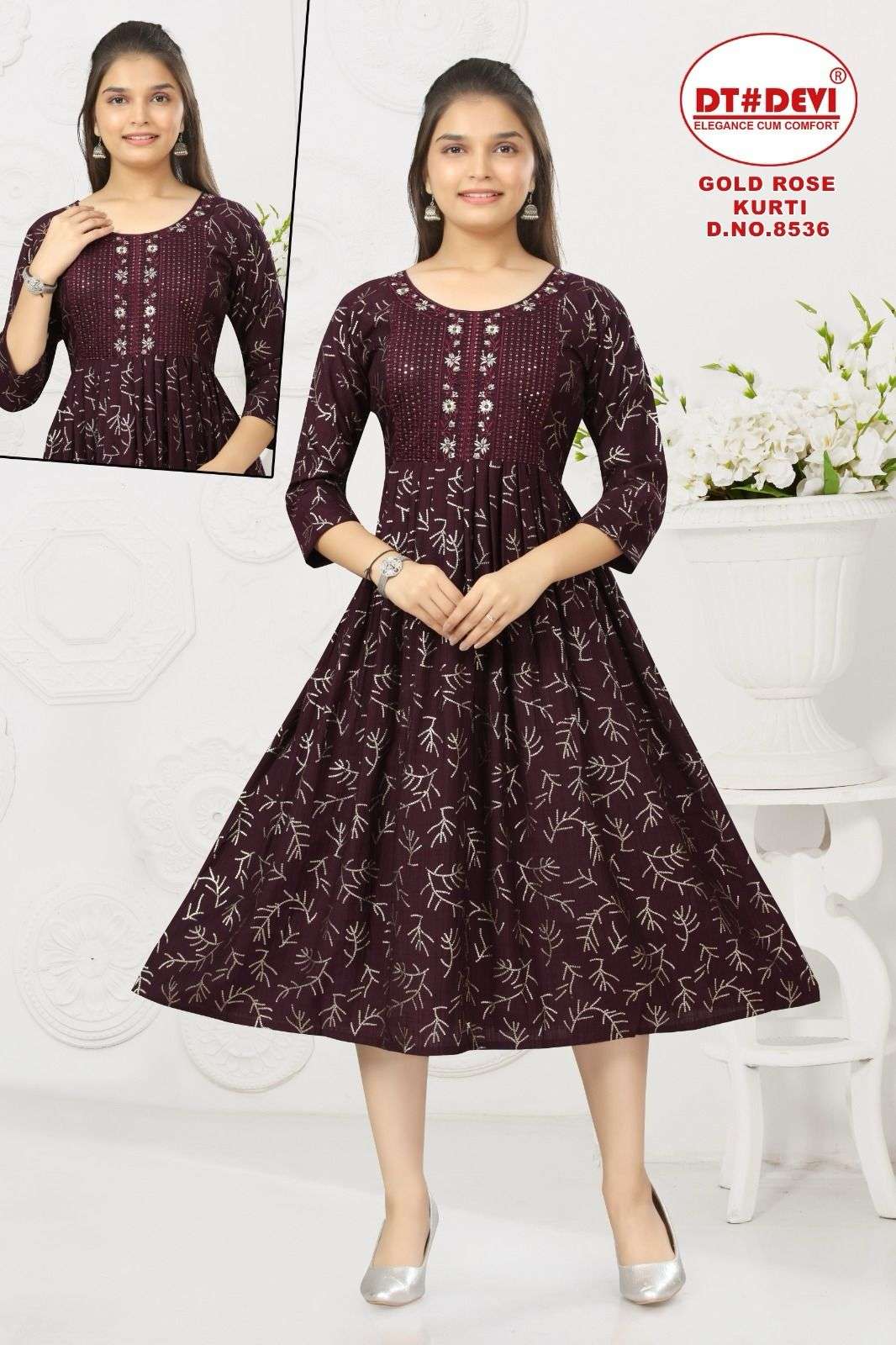 GOLD ROSE KURTI DESIGN NO-8536 BY TEXOFAB RAYON PRINT GOLD ROSE LONG GHERA KURTI 