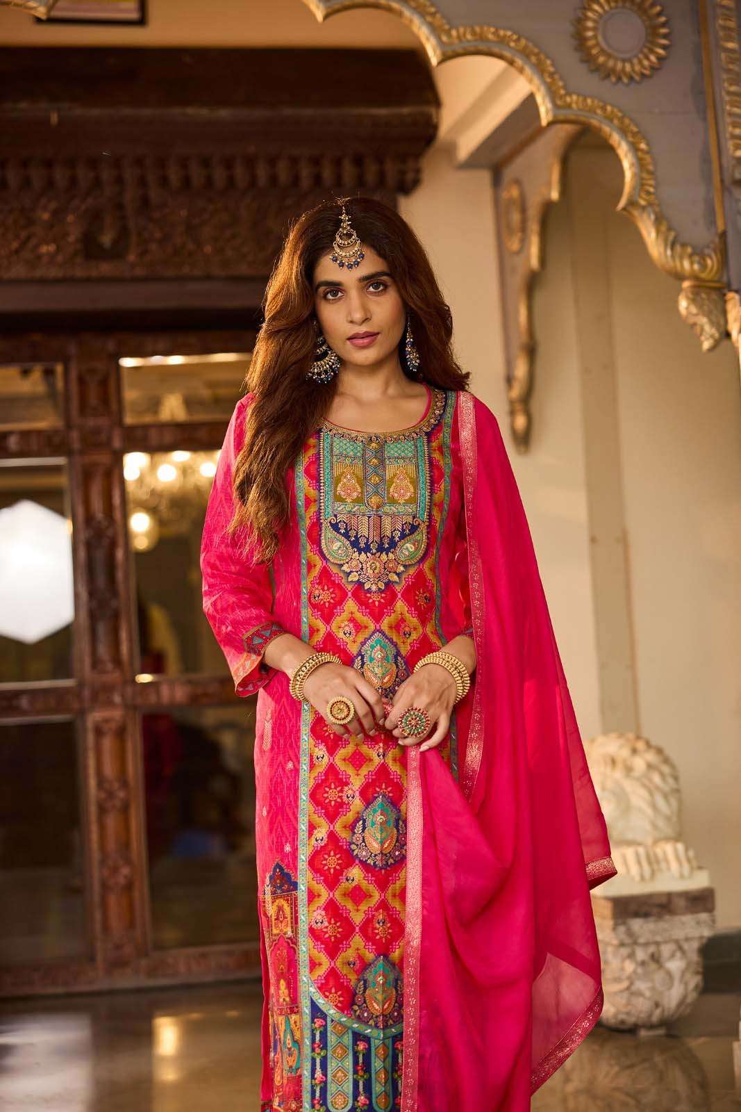 DESIGN NO-9325 BY ANJU FABRICS RUSSIAN SILK POSITION PRINT WITH HAND HIGHLIGHT WORK 