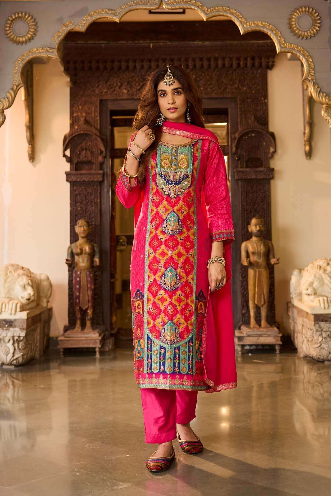 DESIGN NO-9325 BY ANJU FABRICS RUSSIAN SILK POSITION PRINT WITH HAND HIGHLIGHT WORK 