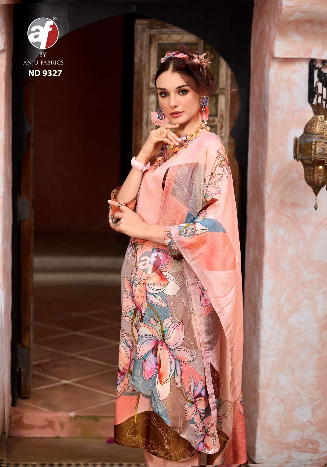 DESIGN NO-9327 BY ANJU FABRICS TISSUE SHIMMER WITH DIGITAL PRINT PURE HANDWORK KURTI PANT WITH DUPATTA 