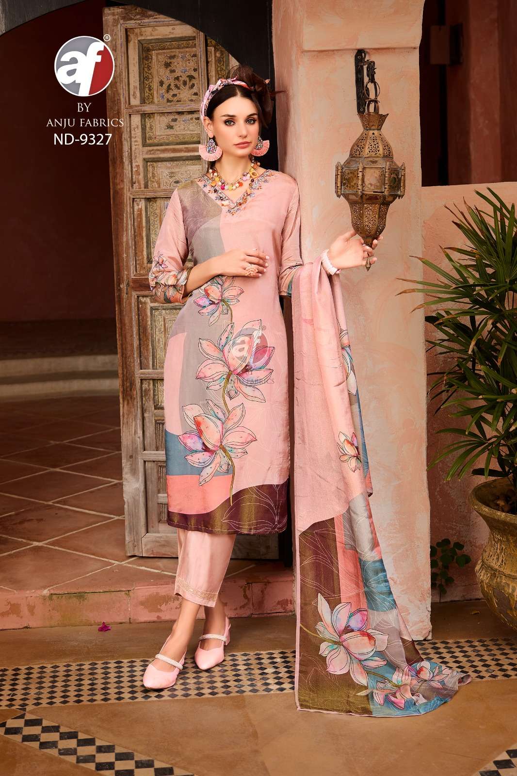 DESIGN NO-9327 BY ANJU FABRICS TISSUE SHIMMER WITH DIGITAL PRINT PURE HANDWORK KURTI PANT WITH DUPATTA 