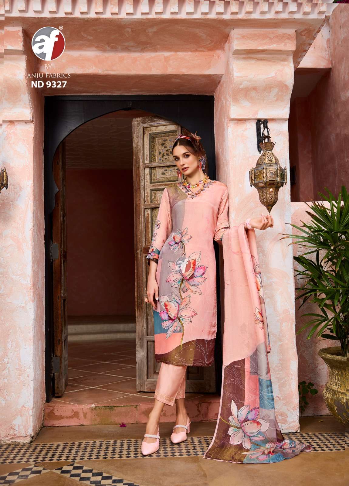 DESIGN NO-9327 BY ANJU FABRICS TISSUE SHIMMER WITH DIGITAL PRINT PURE HANDWORK KURTI PANT WITH DUPATTA 