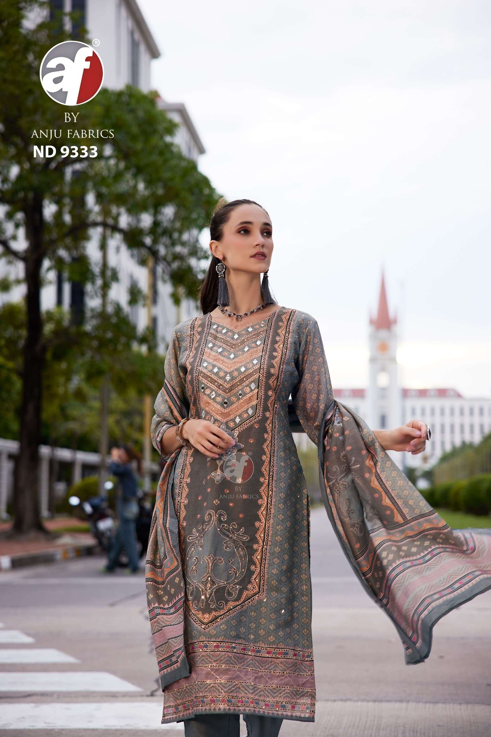 DESIGN NO-9333 BY ANJU FABRICS TISSUE SHIMMER BLENDED PRINT WITH HANDWORK KURTI PANT WITH DUPATTA 