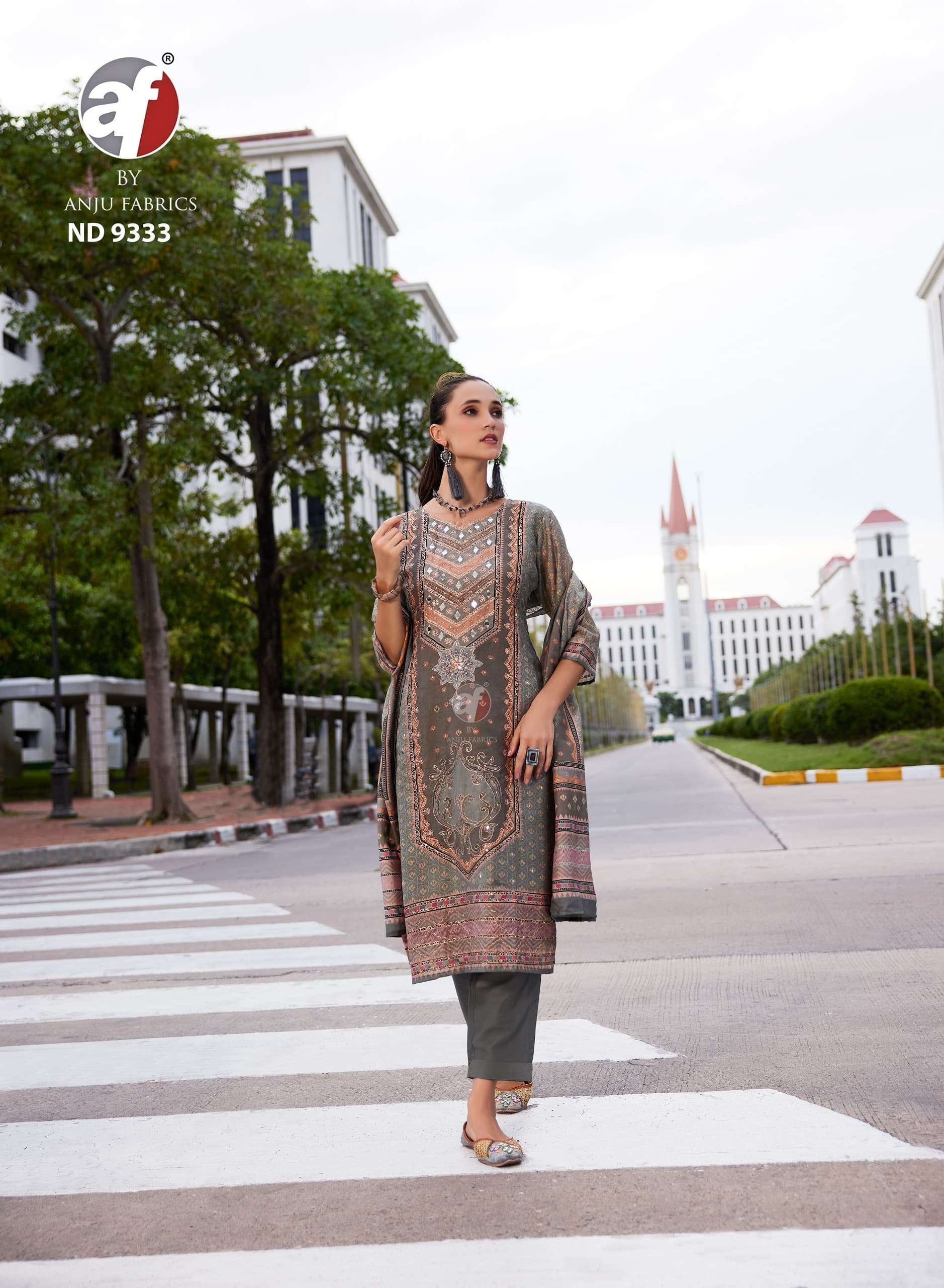 DESIGN NO-9333 BY ANJU FABRICS TISSUE SHIMMER BLENDED PRINT WITH HANDWORK KURTI PANT WITH DUPATTA 
