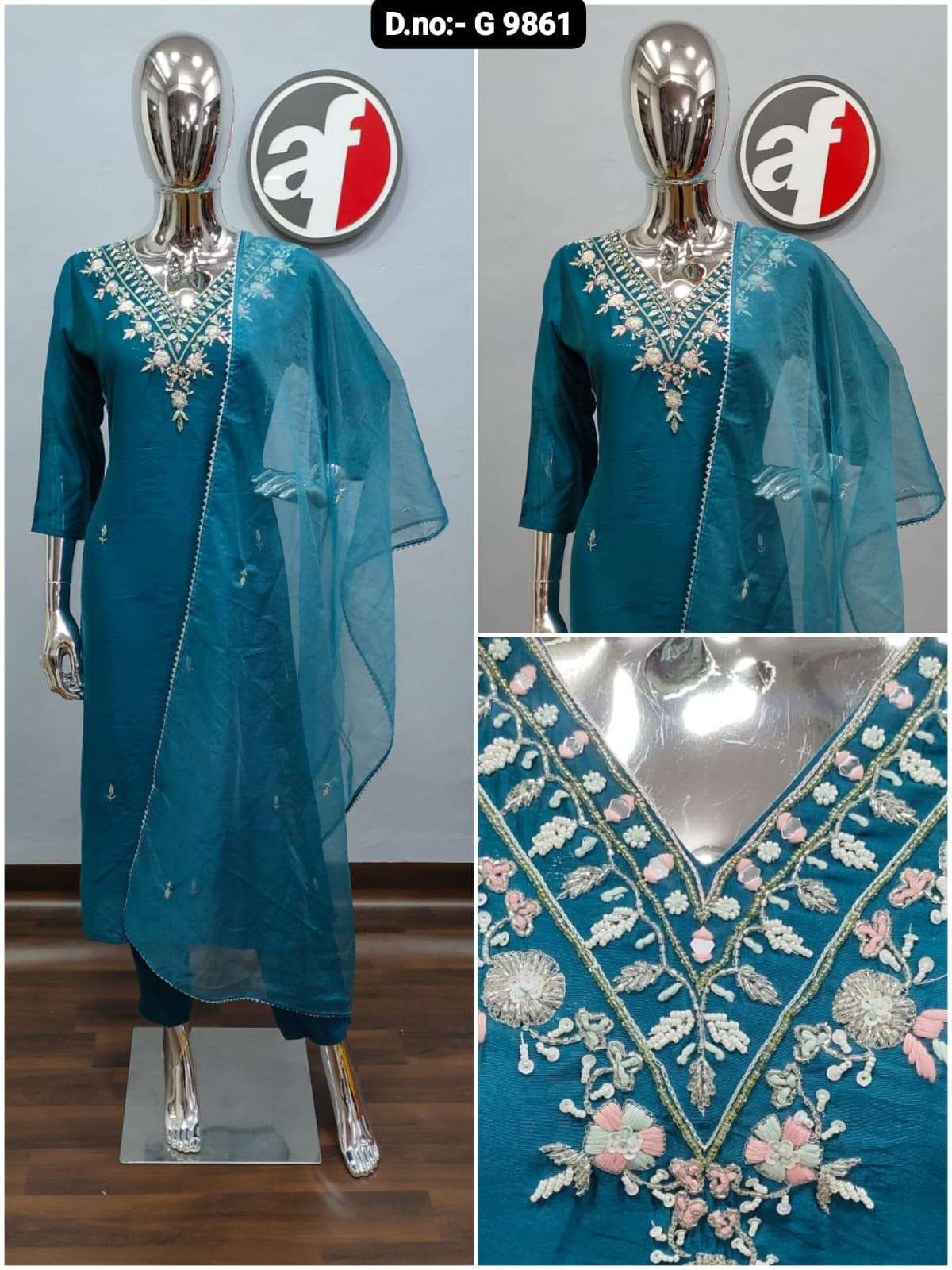 DESIGN NO-9861 BY ANJU FABRICS PURE DOLA SILK EMBROIDERY HANDWORK KURTI PANT WITH DUPATTA 