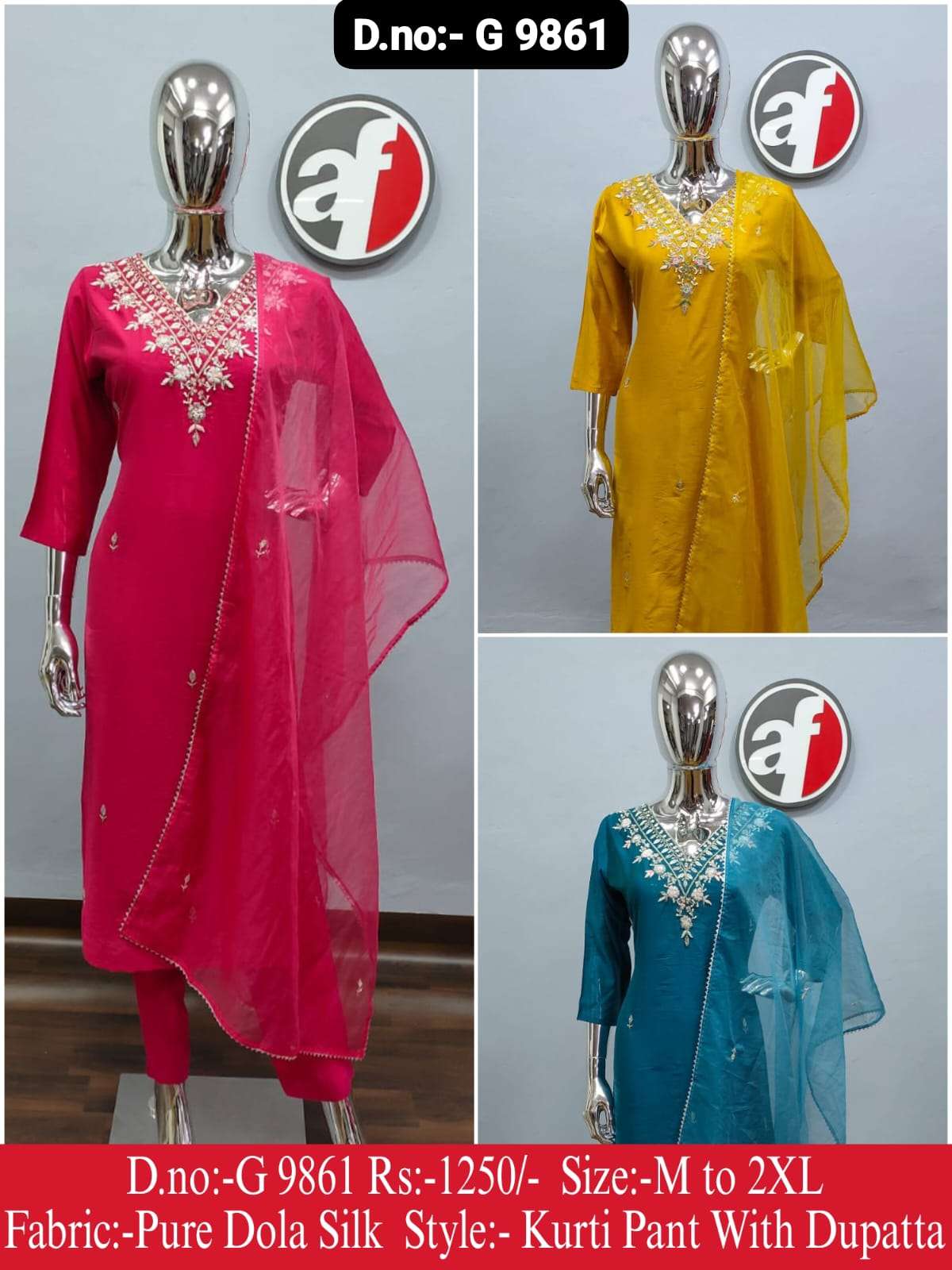 DESIGN NO-9861 BY ANJU FABRICS PURE DOLA SILK EMBROIDERY HANDWORK KURTI PANT WITH DUPATTA 