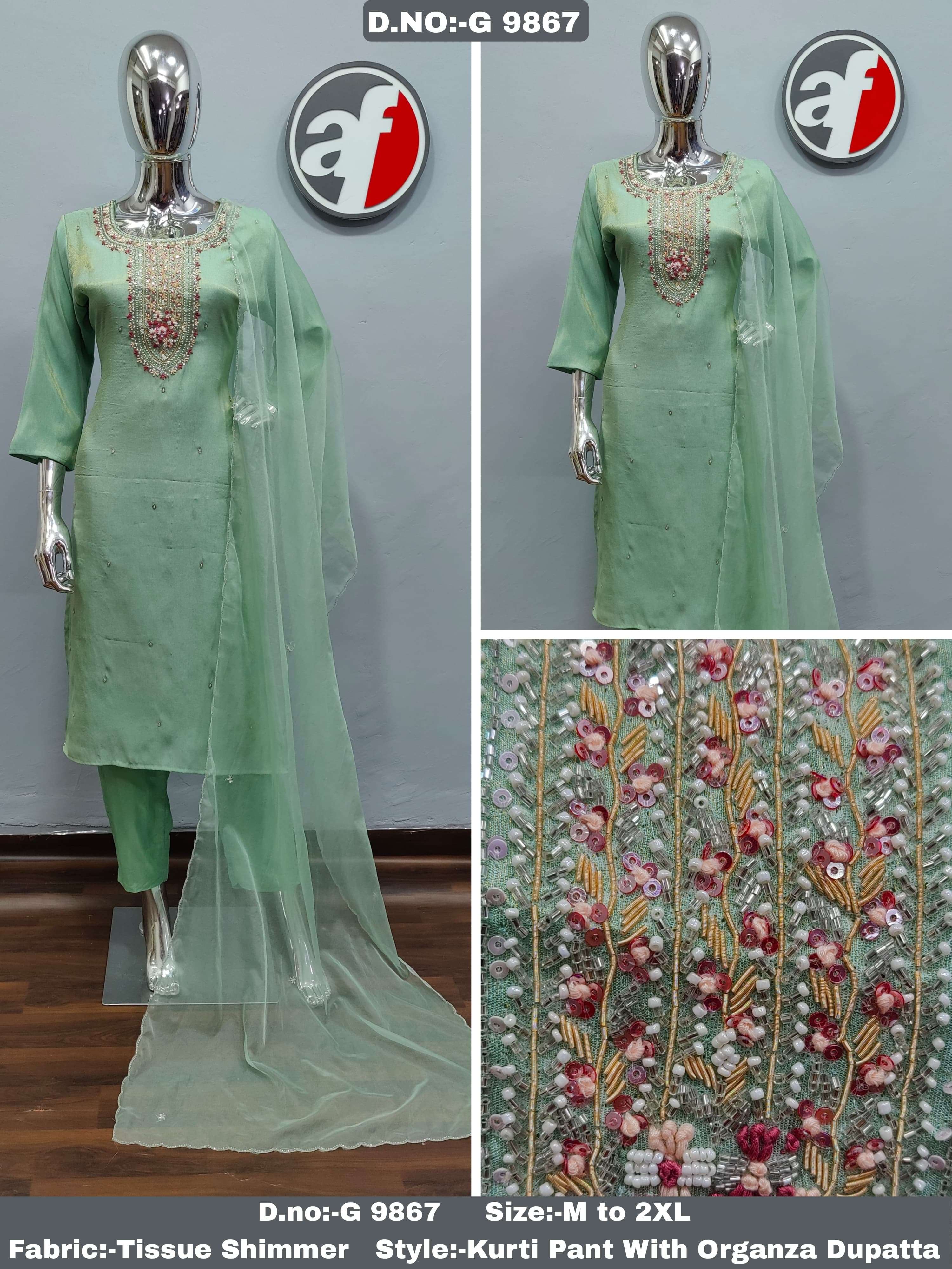 DESIGN NO- G 9867-68-69 BY ANJU FABRICS TISSUE SHIMMER PURE HANDWORK KURTI PANT WITH DUPATTA 