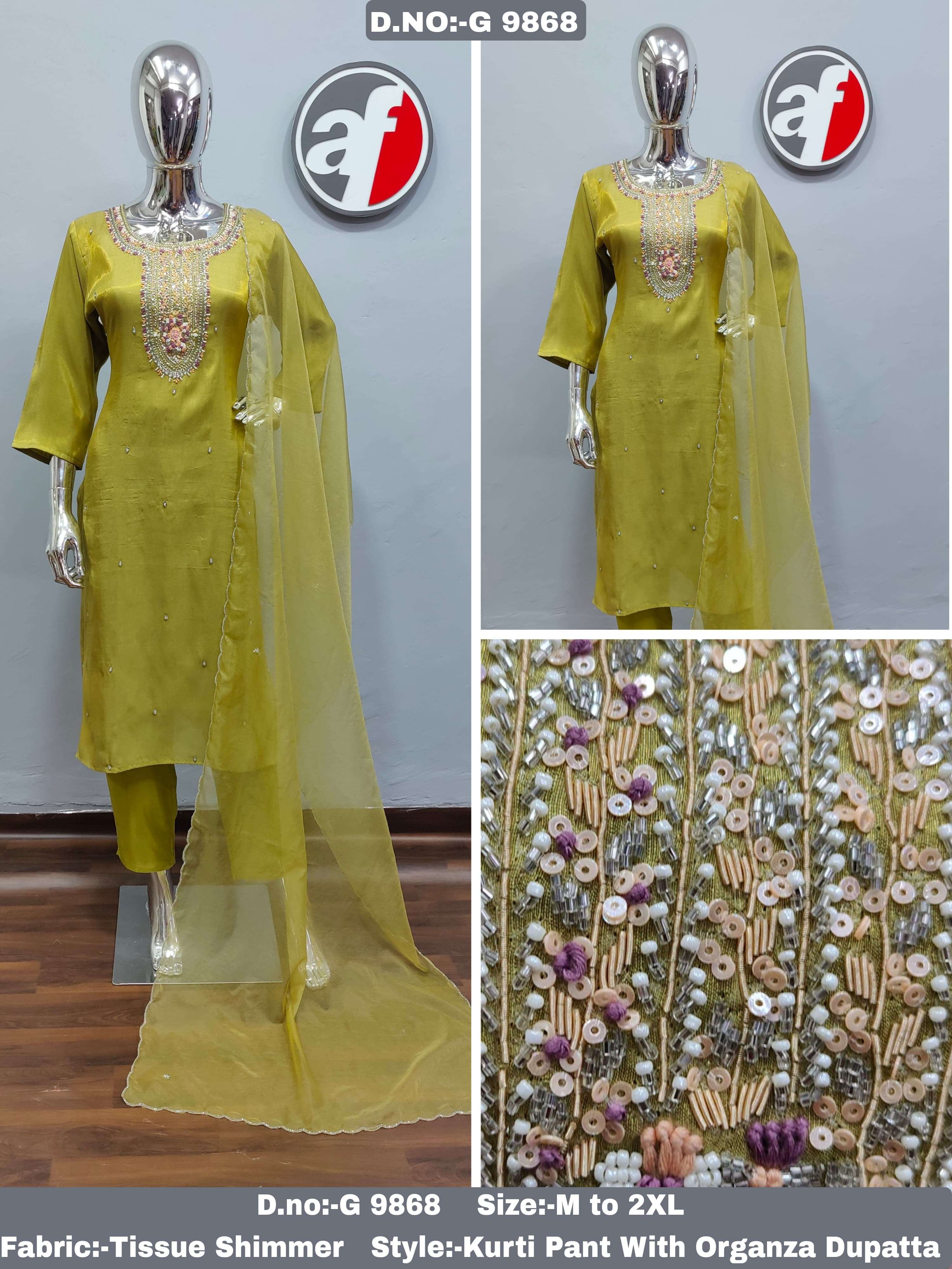 DESIGN NO- G 9867-68-69 BY ANJU FABRICS TISSUE SHIMMER PURE HANDWORK KURTI PANT WITH DUPATTA 