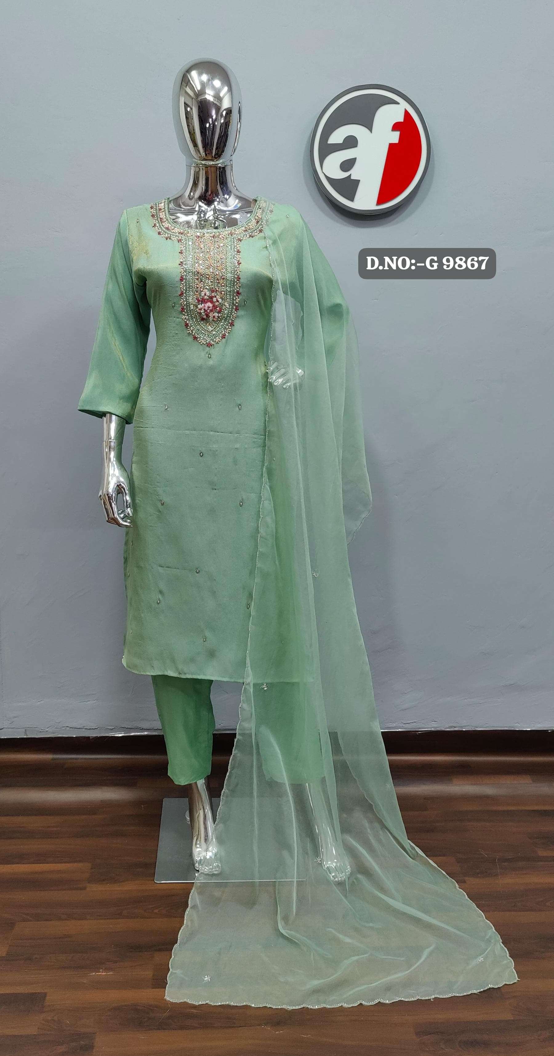 DESIGN NO- G 9867-68-69 BY ANJU FABRICS TISSUE SHIMMER PURE HANDWORK KURTI PANT WITH DUPATTA 